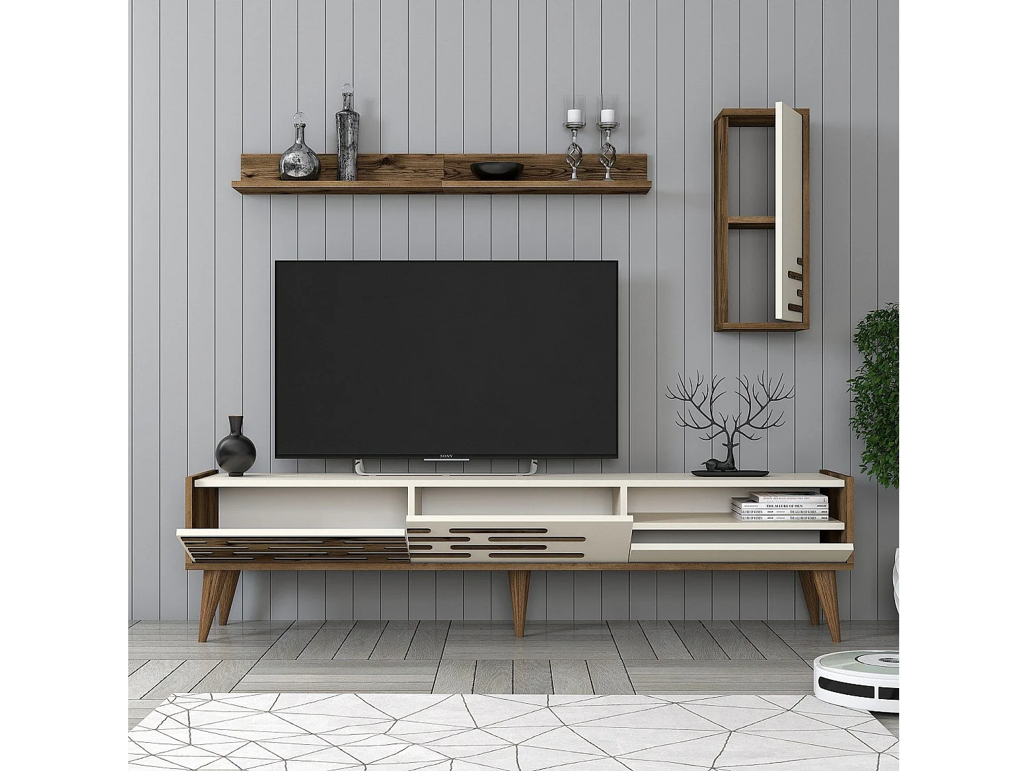 TV-Ständer – 180 cm – Walnuss und Creme – 100 % melaminbeschichtete Spanplatte