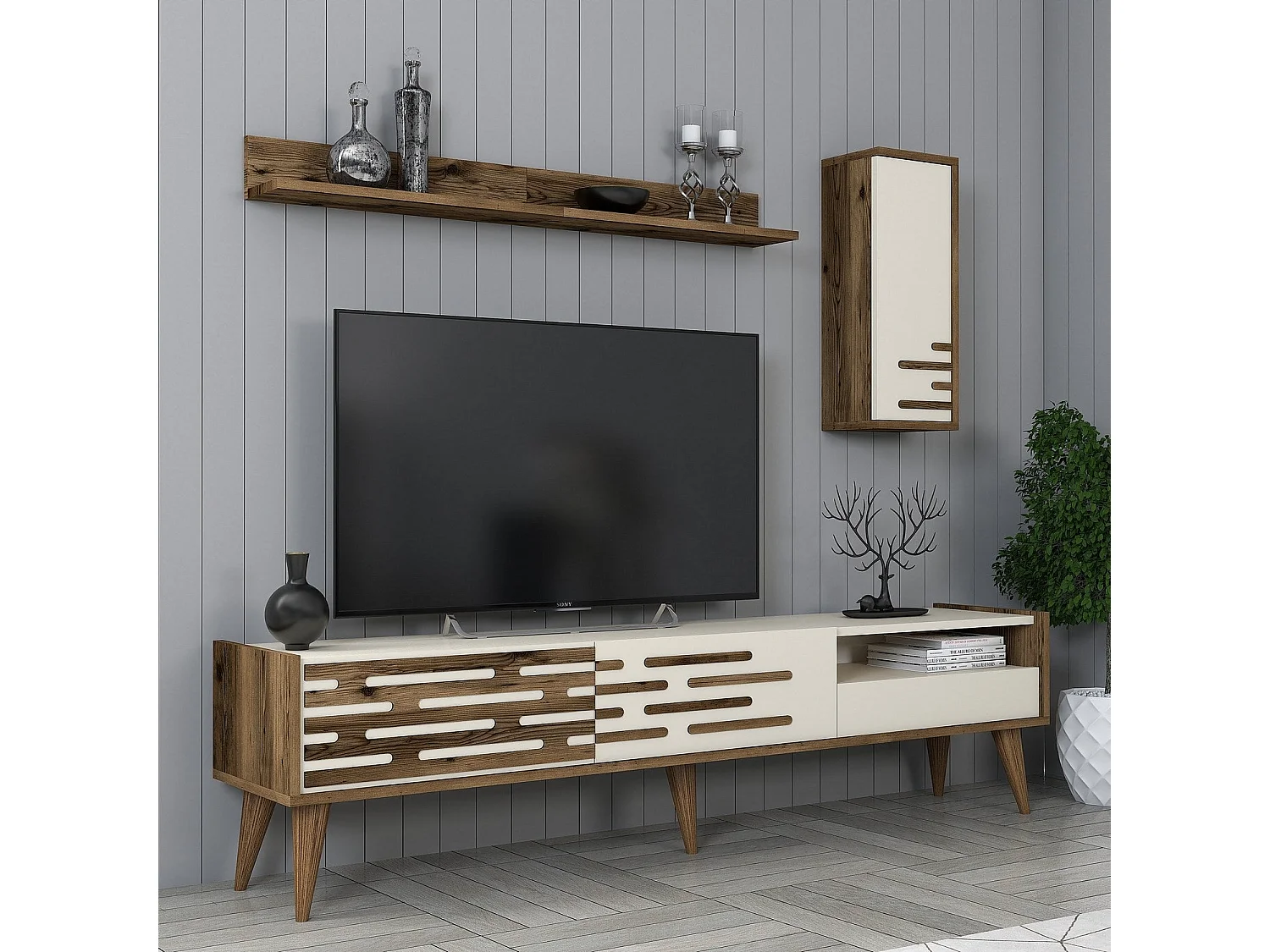 TV-Ständer – 180 cm – Walnuss und Creme – 100 % melaminbeschichtete Spanplatte