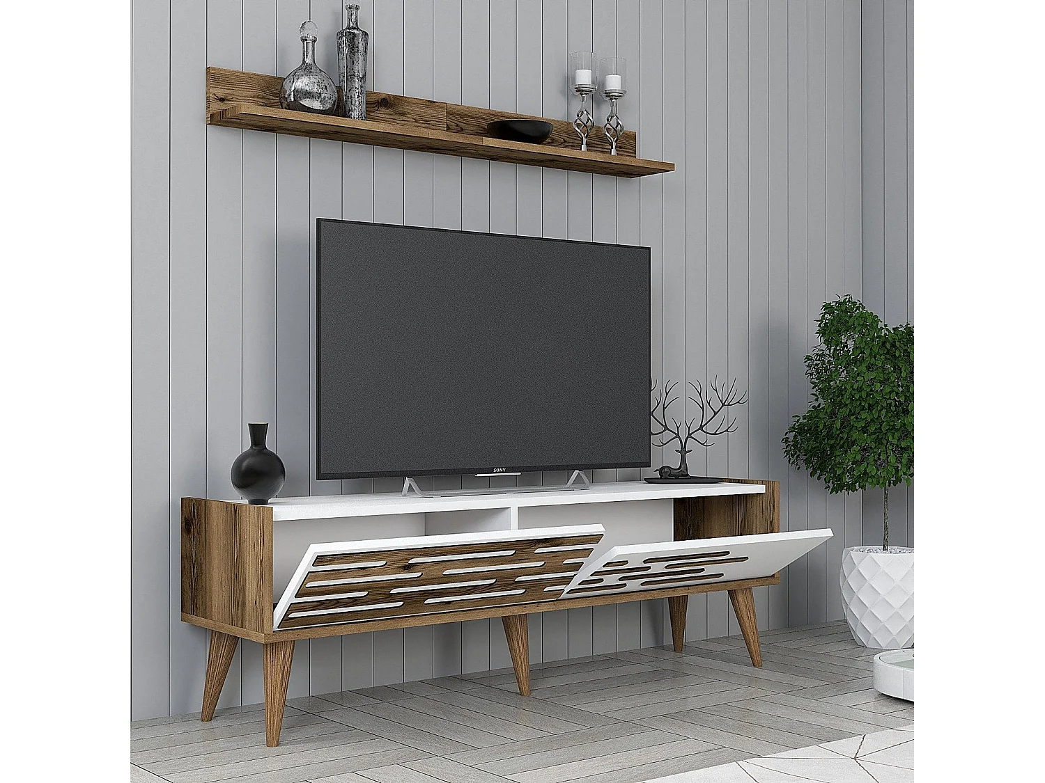 Móvel de TV com prateleira de parede – 140 x 35 x 45 cm – Nogueira e Branco – Melamina