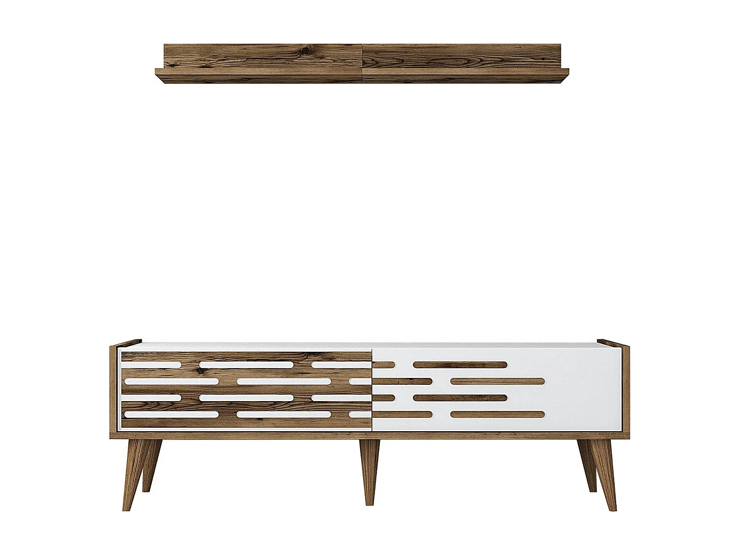 Móvel de TV com prateleira de parede – 140 x 35 x 45 cm – Nogueira e Branco – Melamina