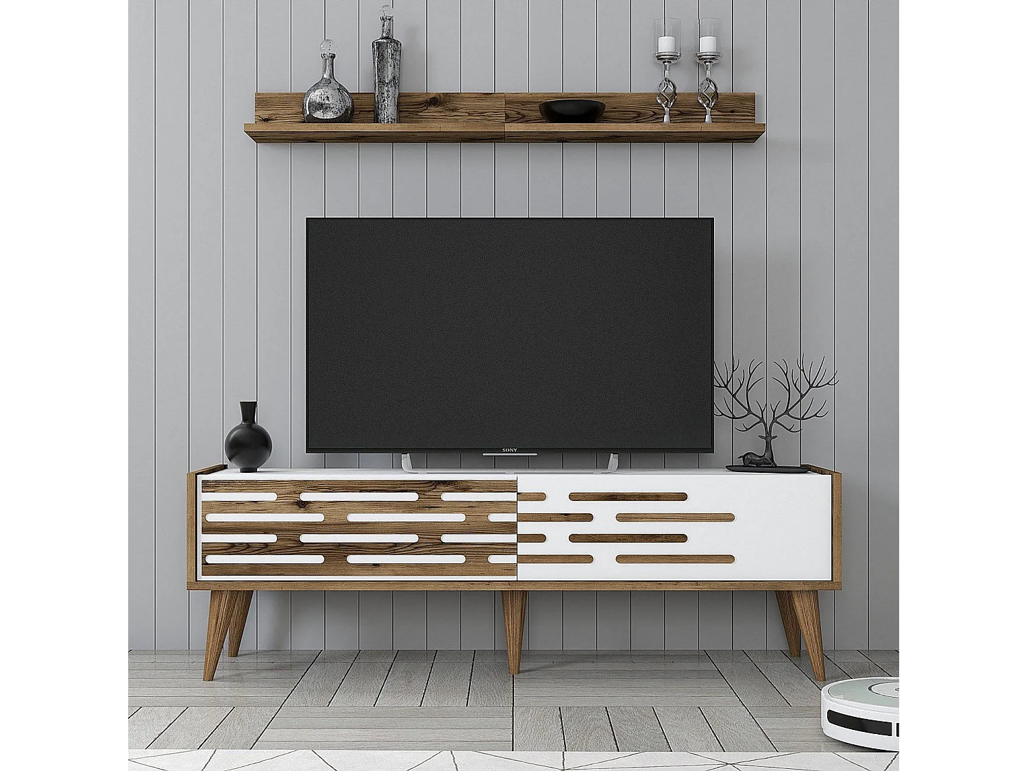 TV-Ständer mit Wandregal – 140 x 35 x 45 cm – Walnuss und Weiß – Melamin