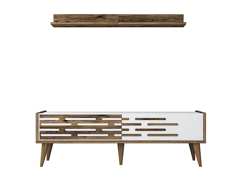 TV-Ständer mit Wandregal – 140 x 35 x 45 cm – Walnuss und Weiß – Melamin