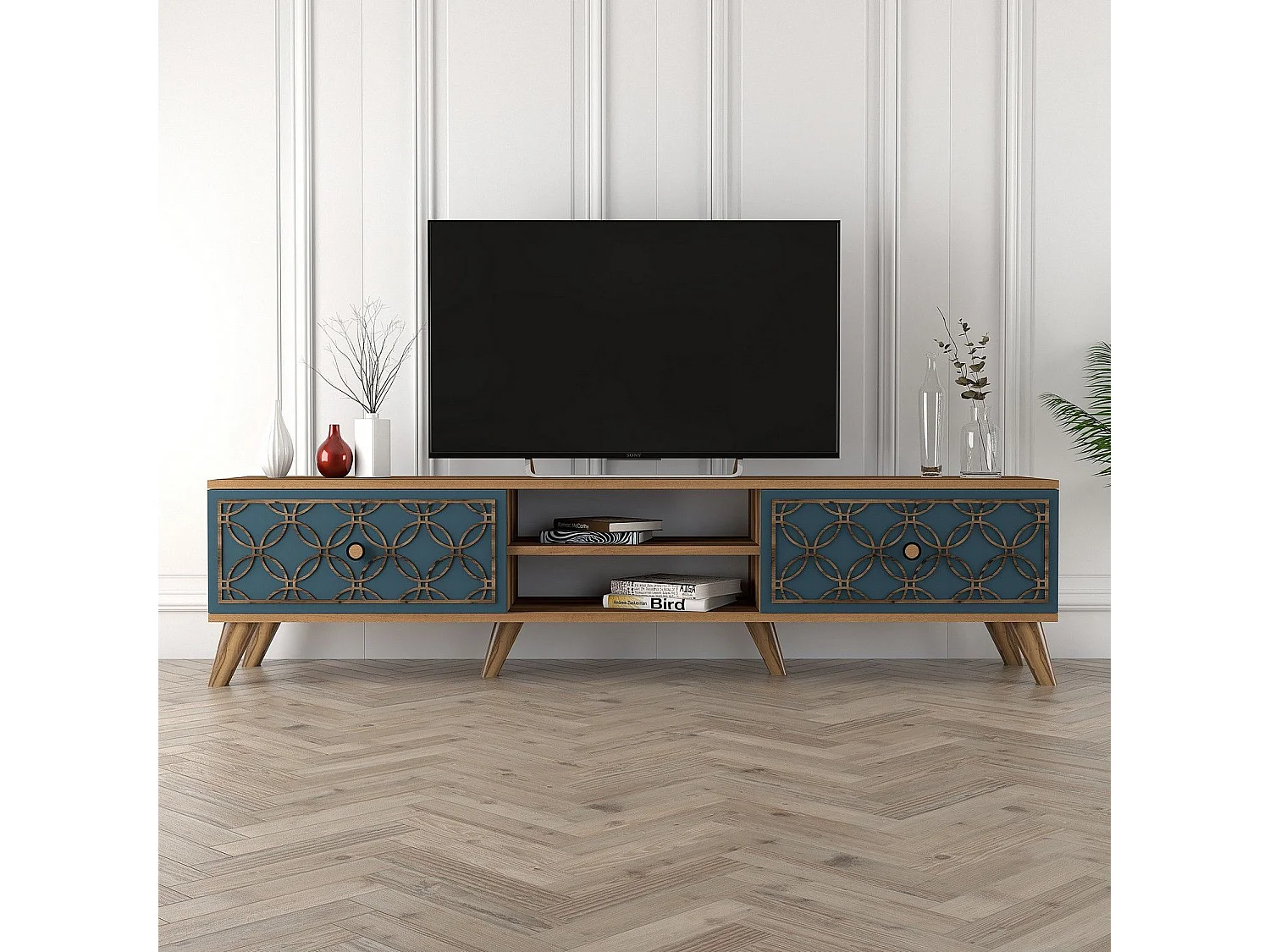Moderner TV-Ständer – 180 x 44 x 35 cm – Walnuss und Chalcedon – Melamin
