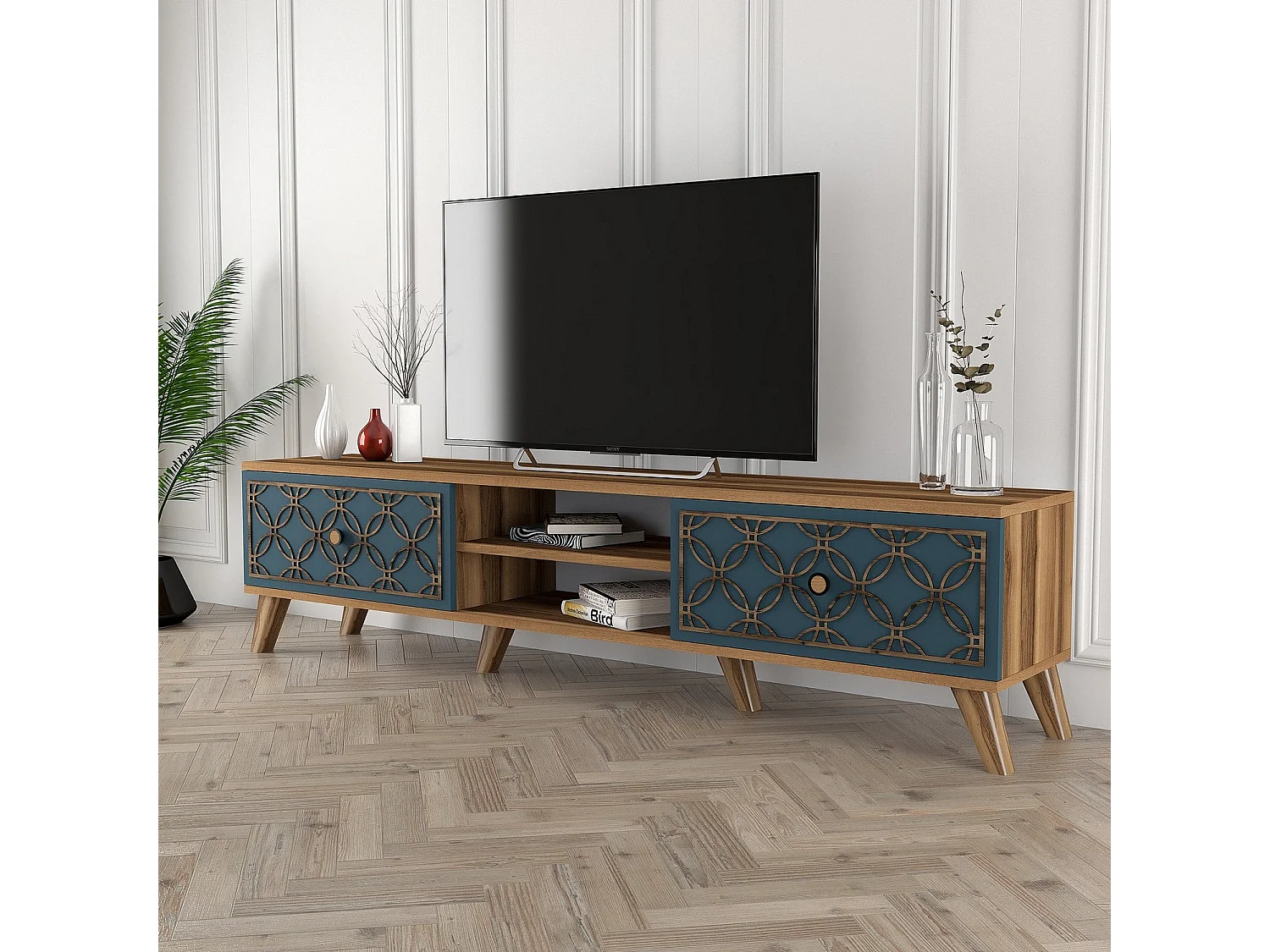 Moderner TV-Ständer – 180 x 44 x 35 cm – Walnuss und Chalcedon – Melamin