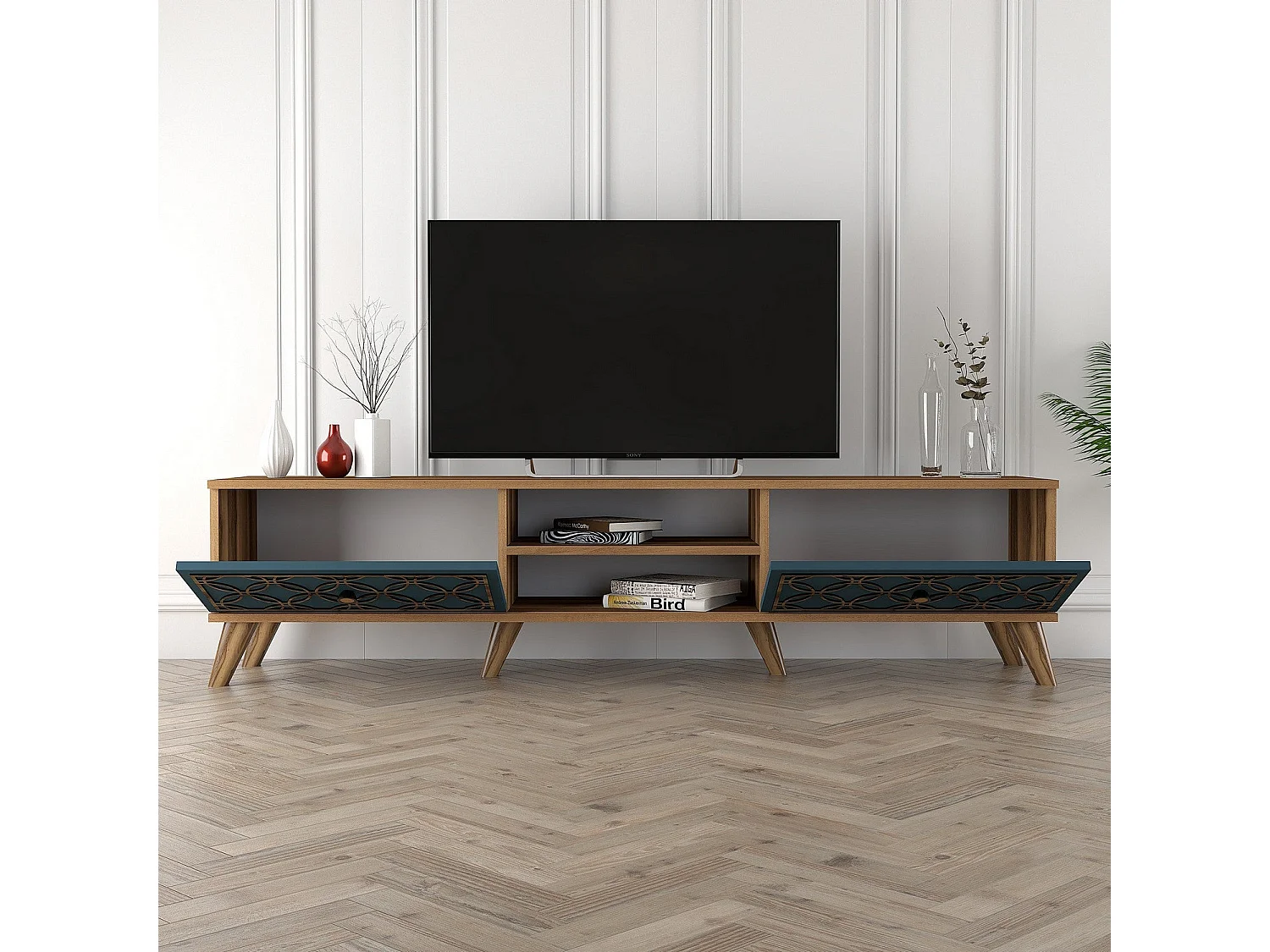 Mueble de TV moderno – 180 x 44 x 35 cm – nogal y calcedonia – melamina