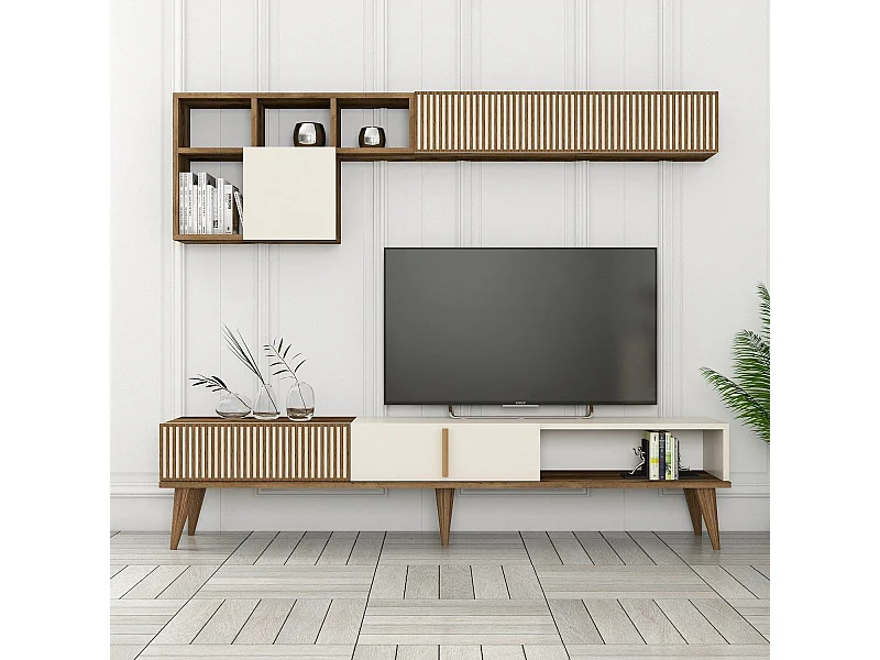 Mueble de TV – 180 cm de ancho – Nogal y Crema – MDF recubierto de melamina