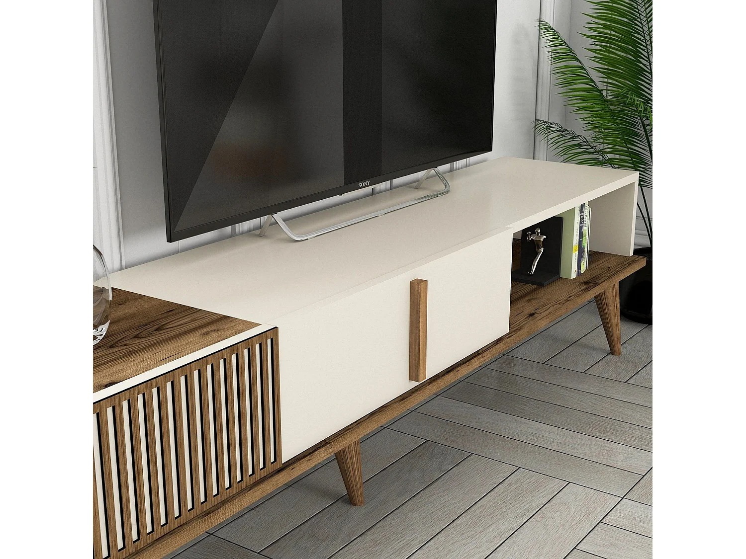 Mueble de TV – 180 cm de ancho – Nogal y Crema – MDF recubierto de melamina