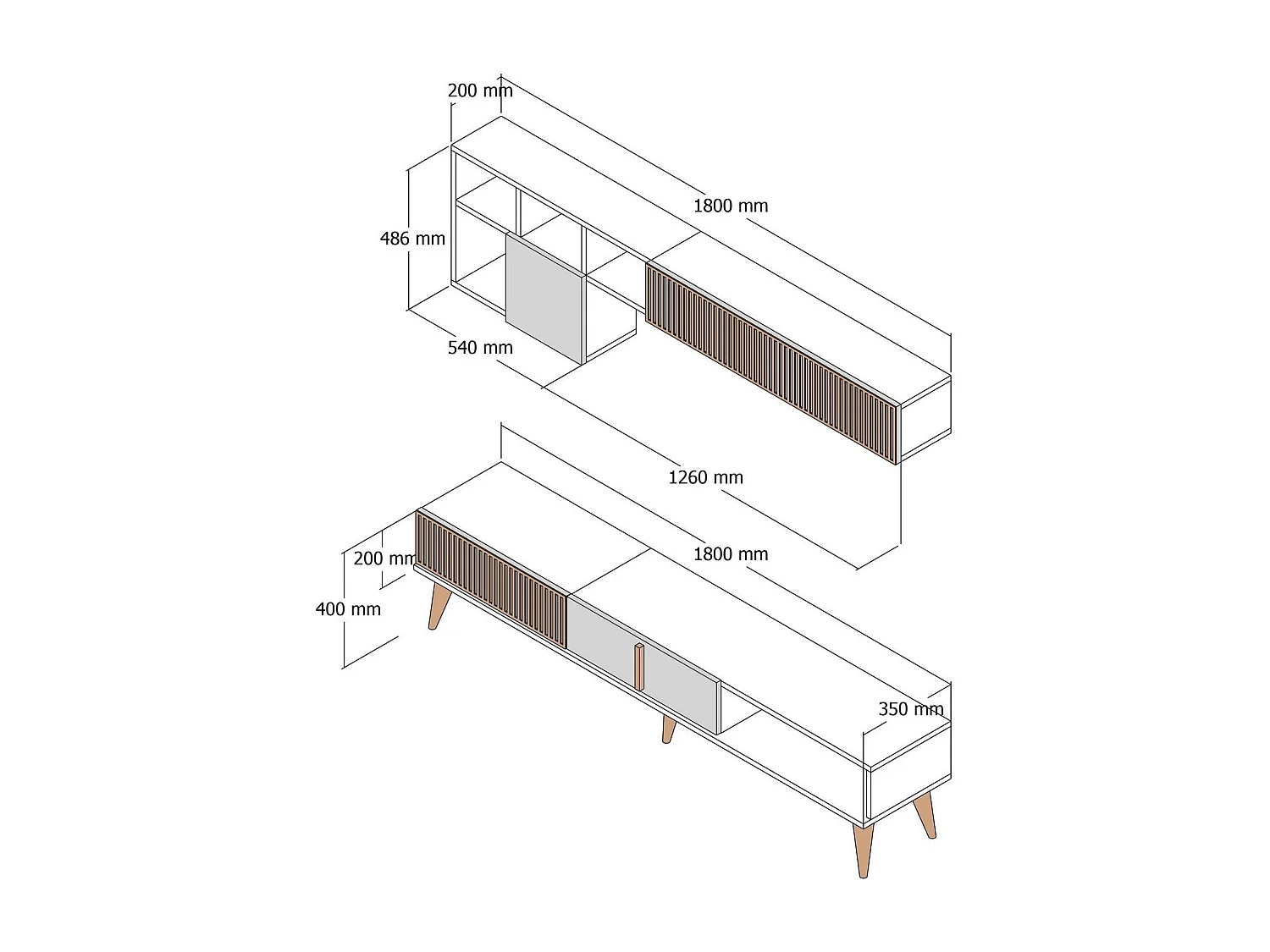 Mueble de TV – 180 cm de ancho – Nogal y Crema – MDF recubierto de melamina