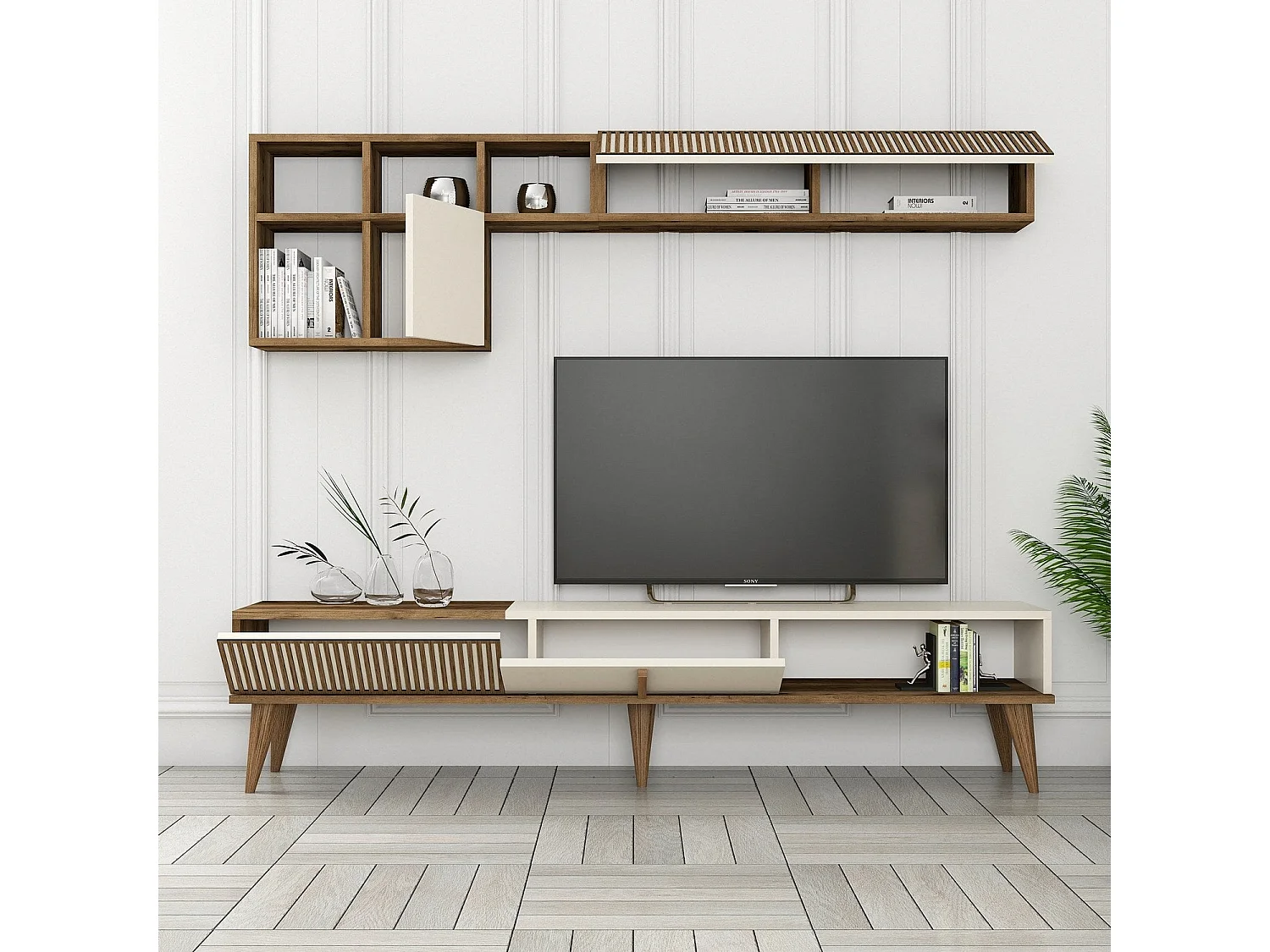 Mueble de TV – 180 cm de ancho – Nogal y Crema – MDF recubierto de melamina