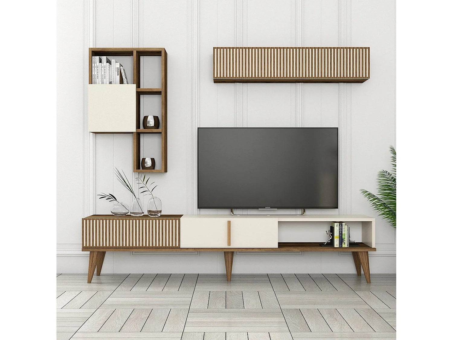 Mueble de TV – 180 cm de ancho – Nogal y Crema – MDF recubierto de melamina