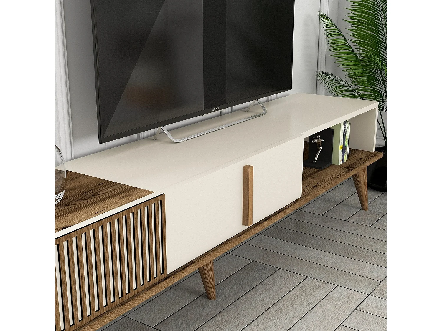 Mueble de TV – 180 cm de ancho – Nogal y Crema – MDF recubierto de melamina