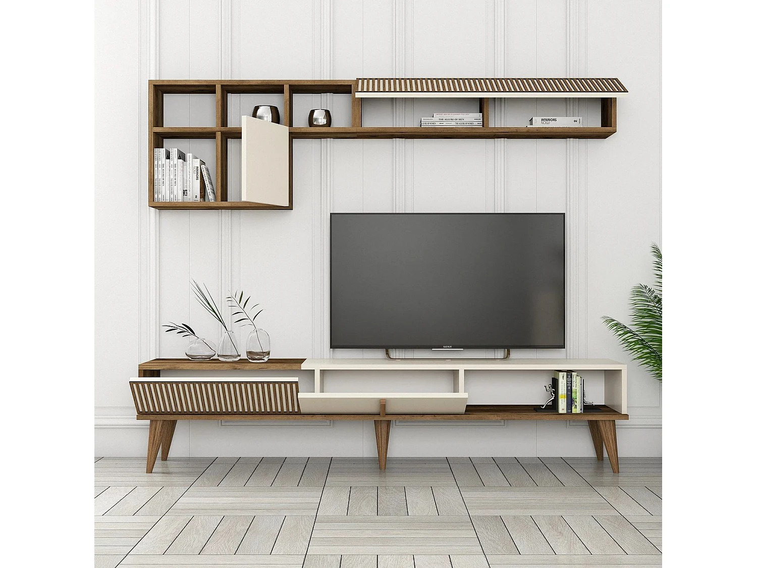 Estante para TV – 180 cm de largura – Nogueira e Creme – MDF revestido de melamina