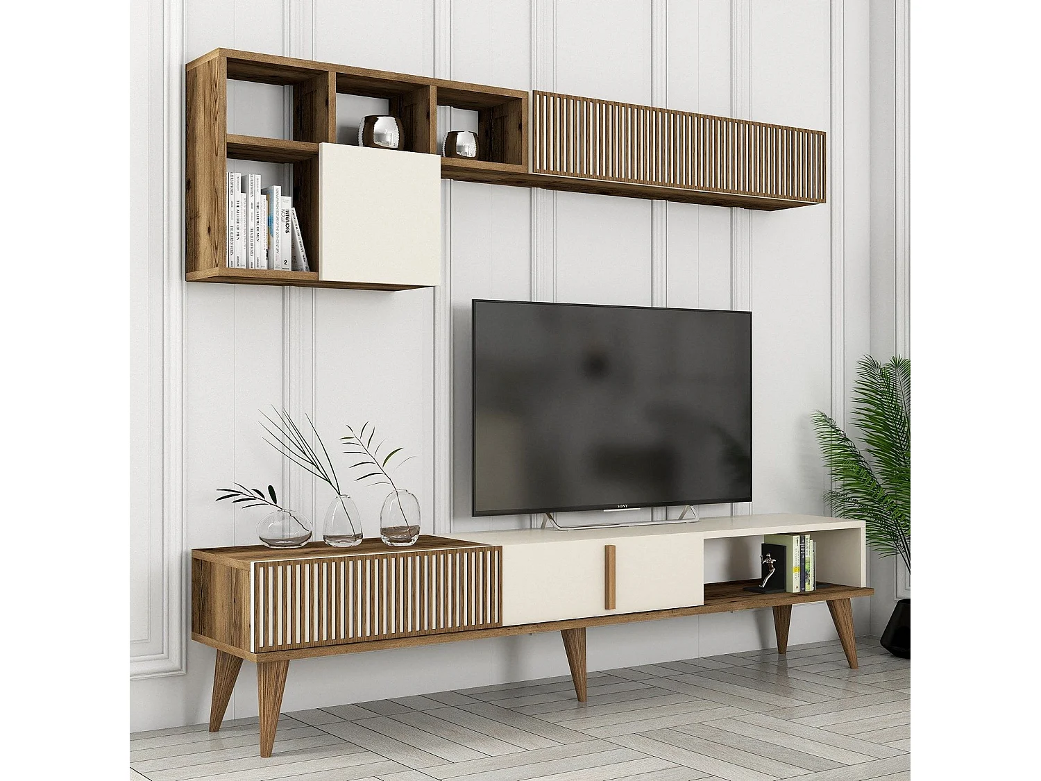 Estante para TV – 180 cm de largura – Nogueira e Creme – MDF revestido de melamina