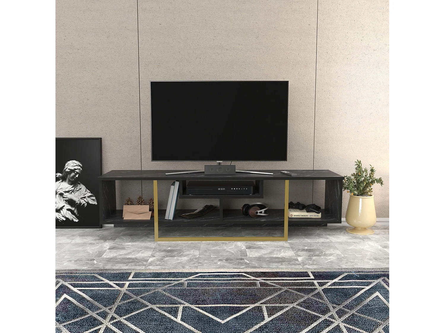 Meuble TV Nikolai 150cm Or et Noir Effet marbre