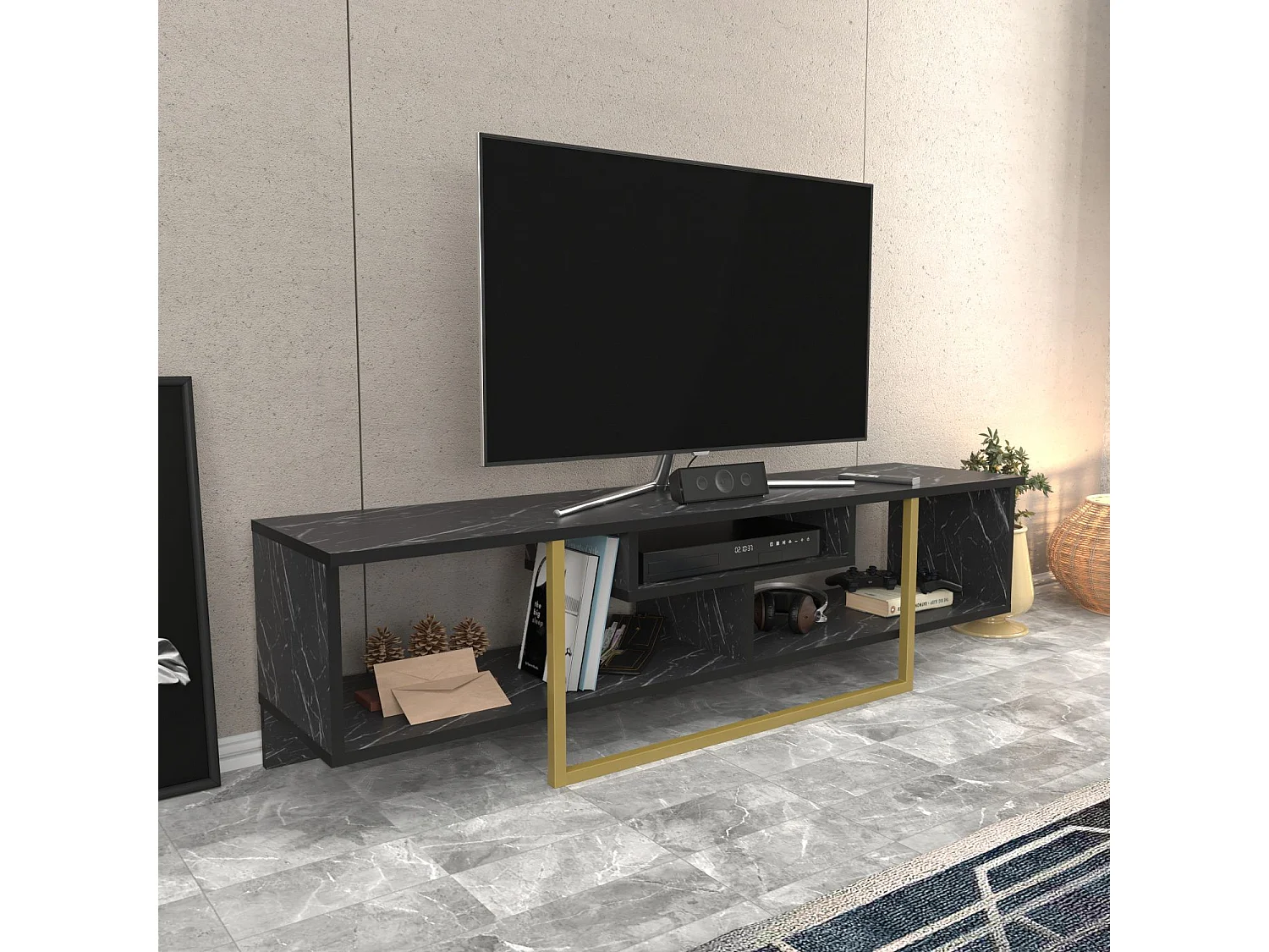 Meuble TV Nikolai 150cm Or et Noir Effet marbre