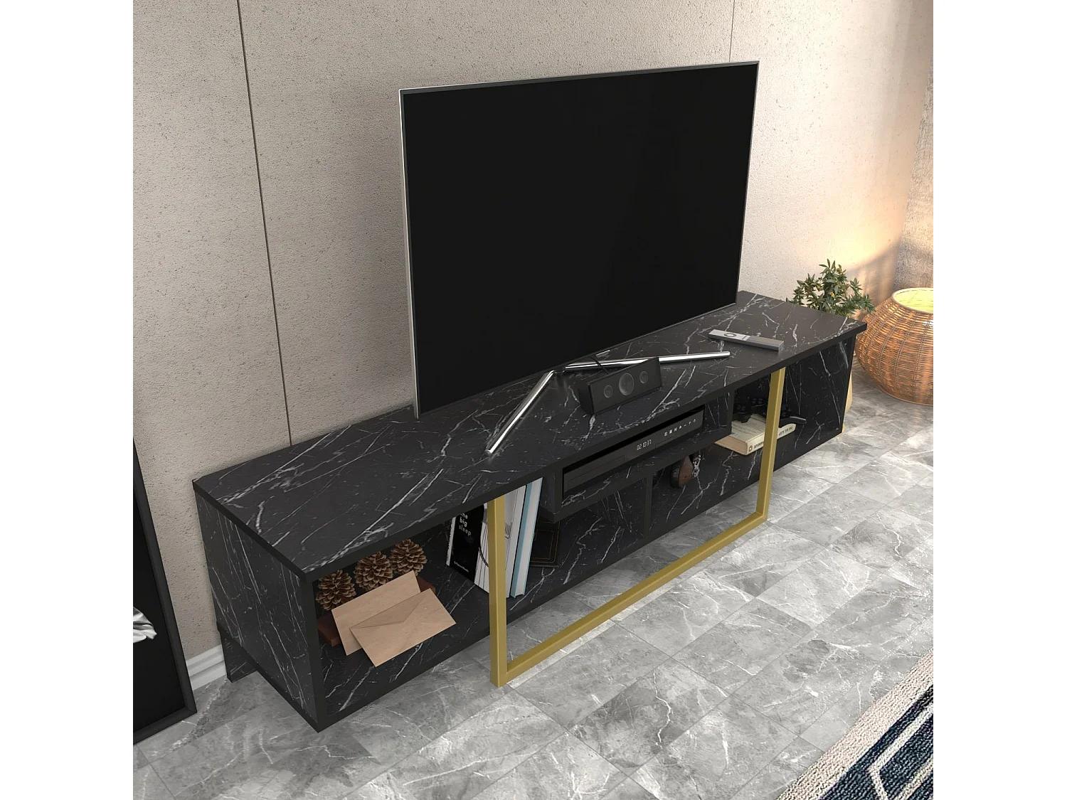 Meuble TV Nikolai 150cm Or et Noir Effet marbre