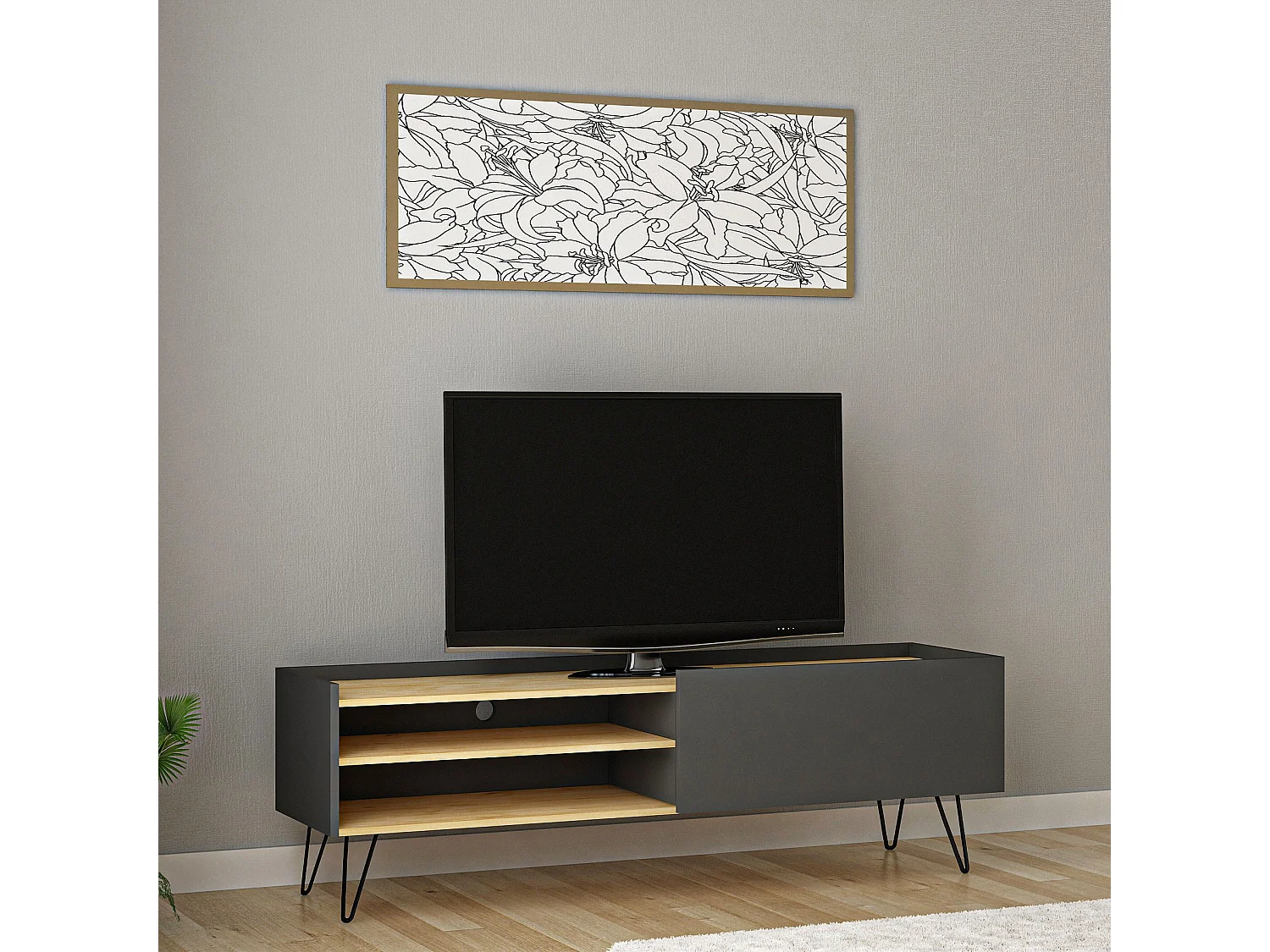 Móvel de TV escandinavo – 120 cm – Carvalho e antracite – Painel de partículas revestido a melamina