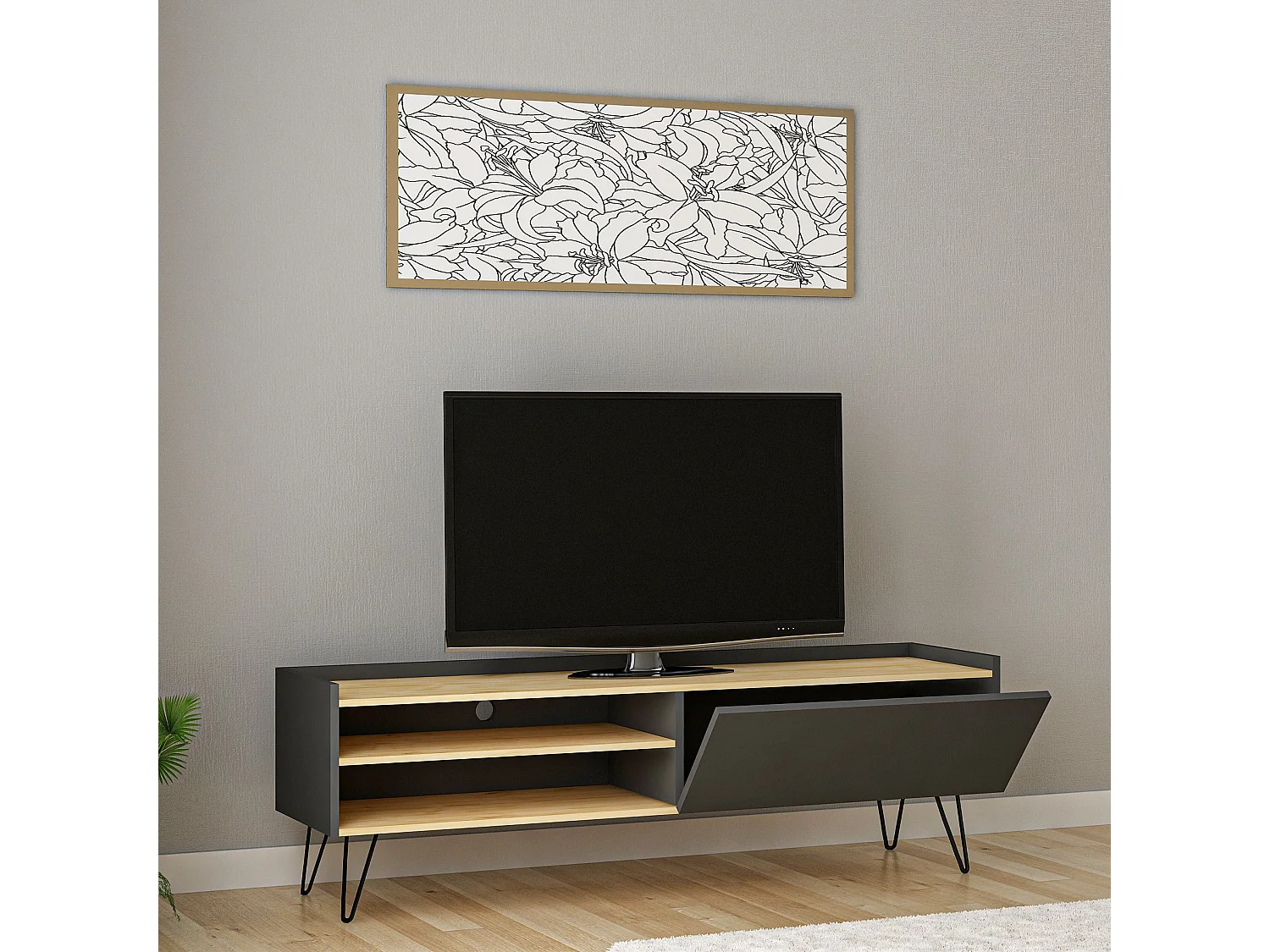 Scandinavische tv-standaard – 120 cm – Eiken en antraciet – Melamine gecoate spaanplaat