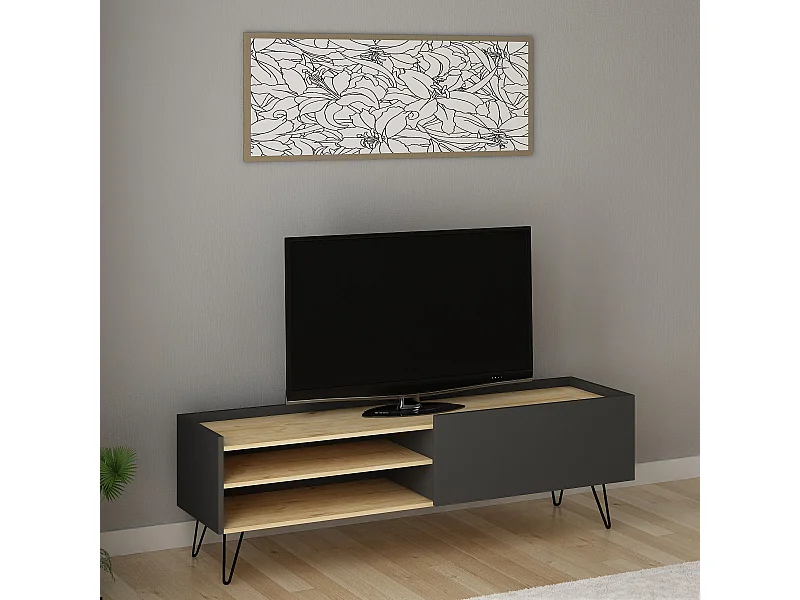 Meuble TV Praeterita pieds épingles Bois Chêne et Anthracite