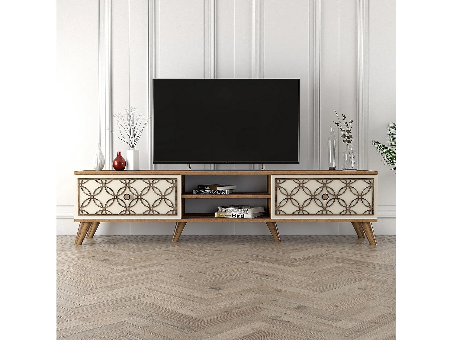Mesa de tv Kailua 1166, Crema|Nogal, 180x44x35cm
