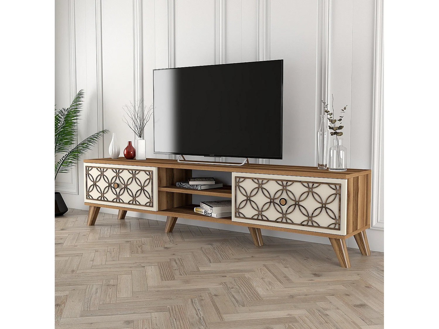Mesa de tv Kailua 1166, Crema|Nogal, 180x44x35cm