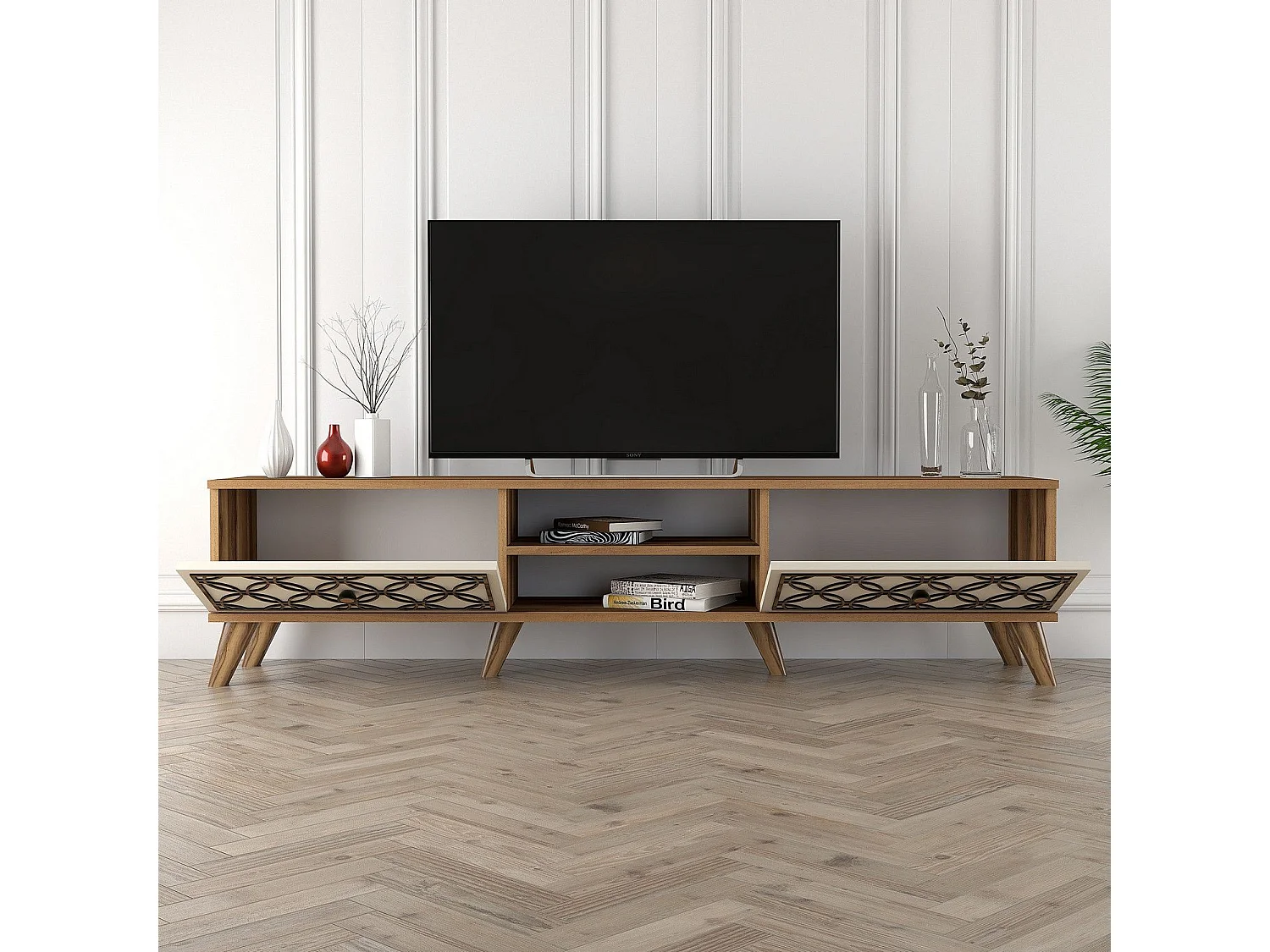 Meuble TV 2 portes et 2 étagères Varize 180cm Motif Arabesque Blanc crème et Bois