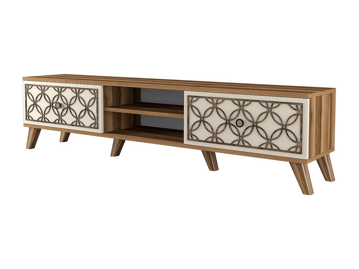 Meuble TV 2 portes et 2 étagères Varize 180cm Motif Arabesque Blanc crème et Bois