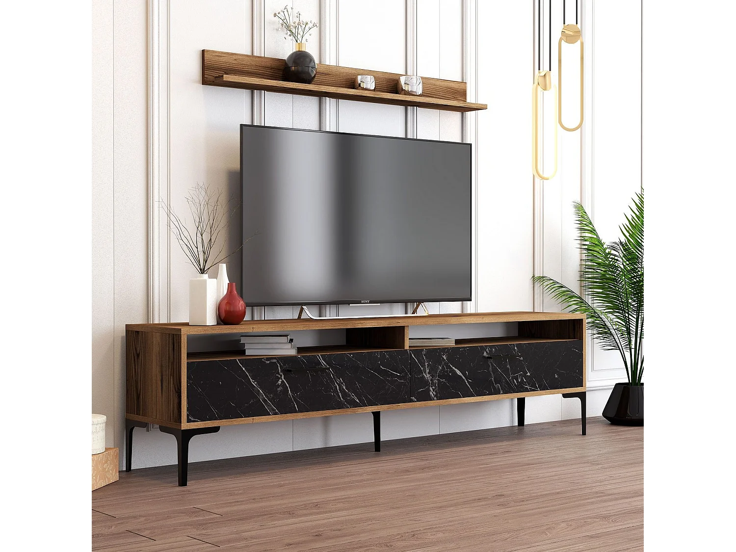 Mueble de TV – 180 x 47 x 35 cm – Nogal y Negro – Tablero aglomerado revestido de melamina