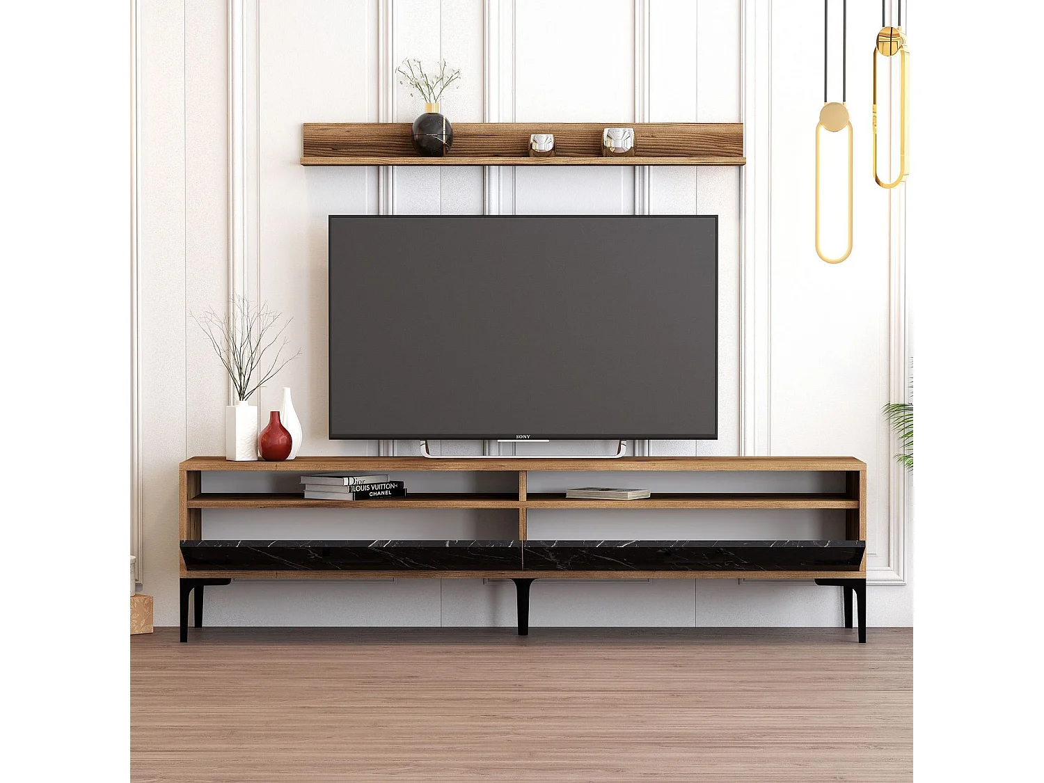 Mueble de TV – 180 x 47 x 35 cm – Nogal y Negro – Tablero aglomerado revestido de melamina
