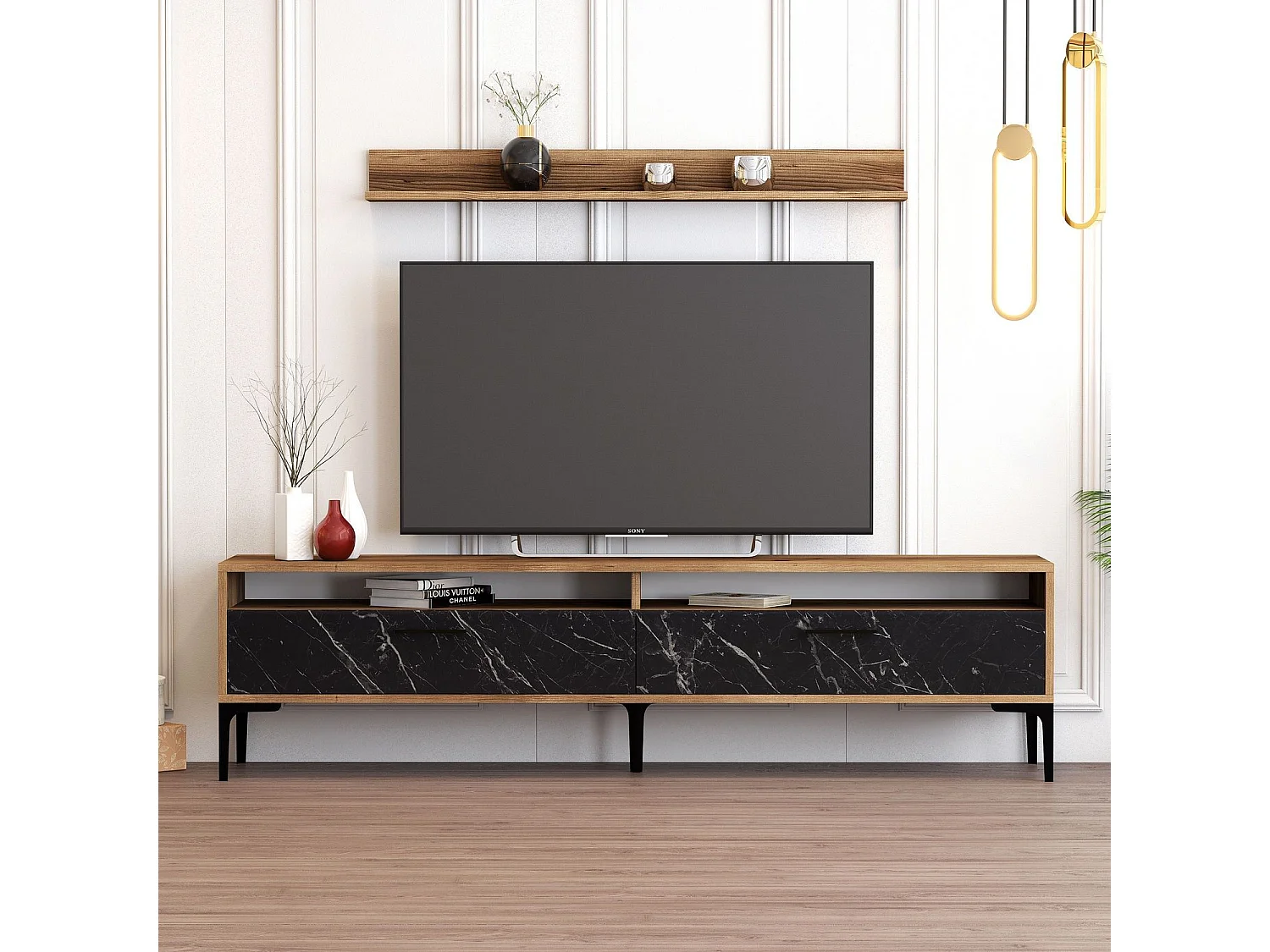 Ensembles meuble TV et étagère murale Varnus Bois Naturel et Effet marbre Noir et Métal Noir