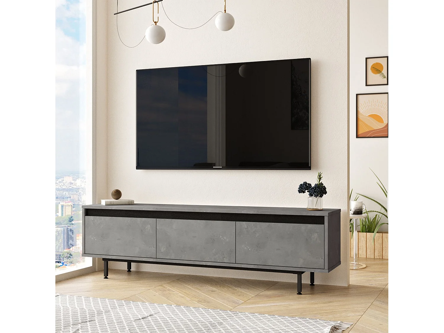 Estante para TV moderna – 160 cm – Prata e Preto – MDF 100% revestido de melamina