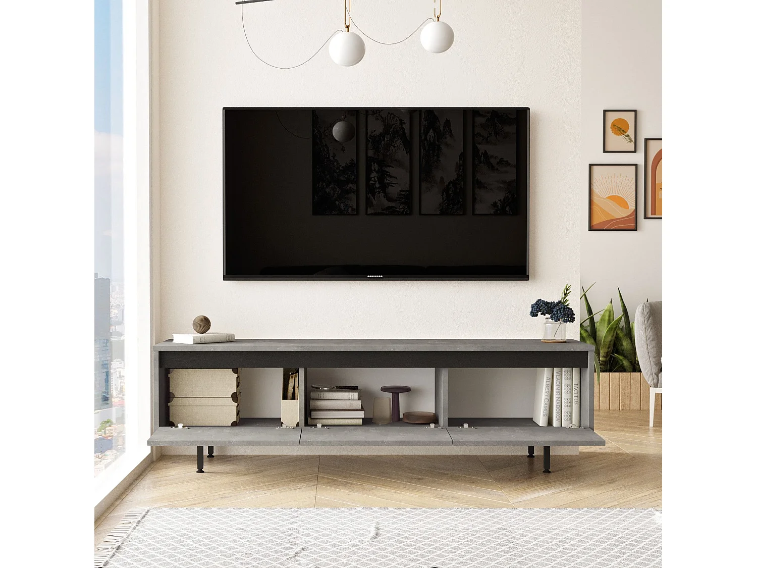 Estante para TV moderna – 160 cm – Prata e Preto – MDF 100% revestido de melamina