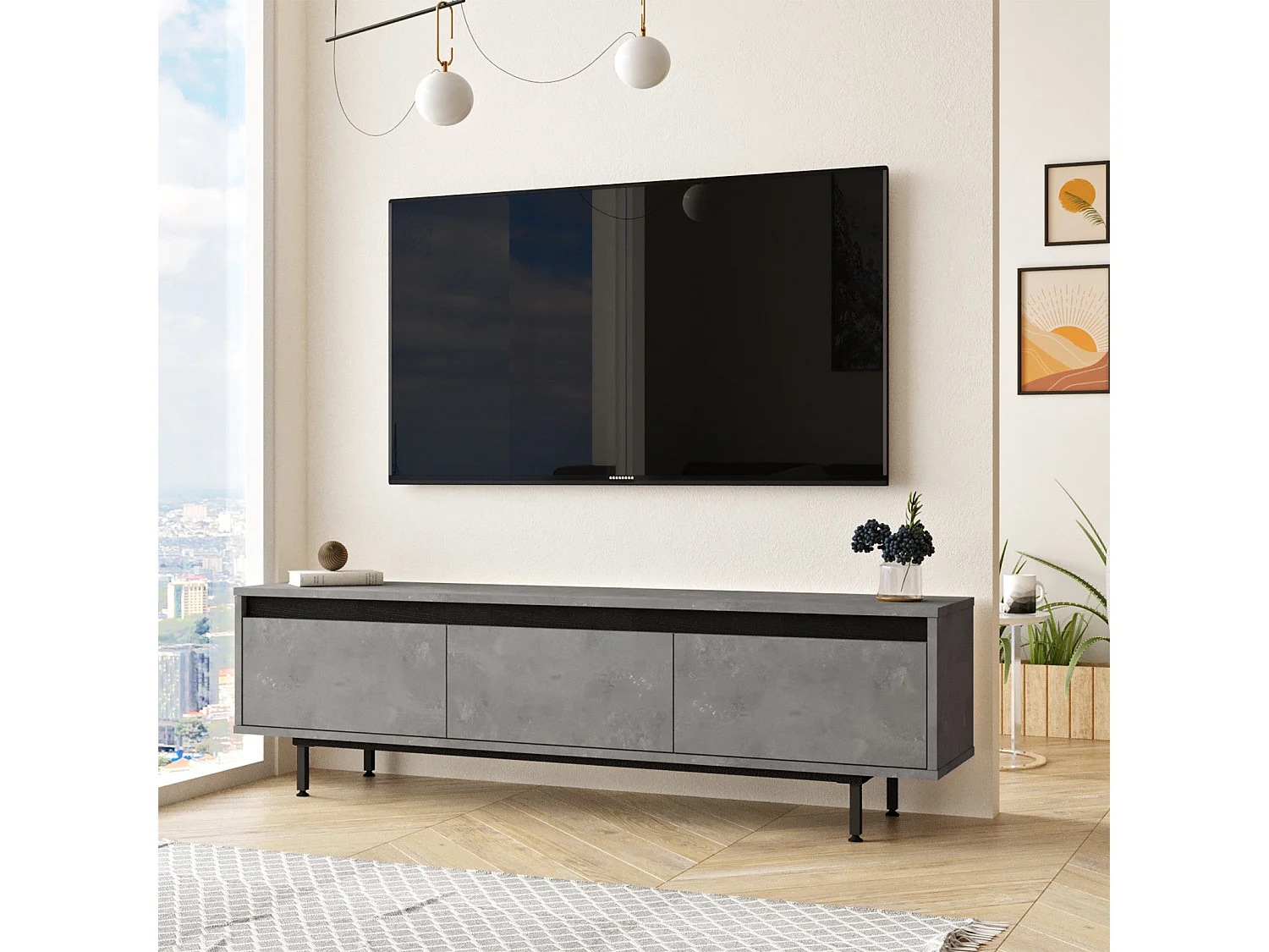 Estante para TV moderna – 160 cm – Prata e Preto – MDF 100% revestido de melamina