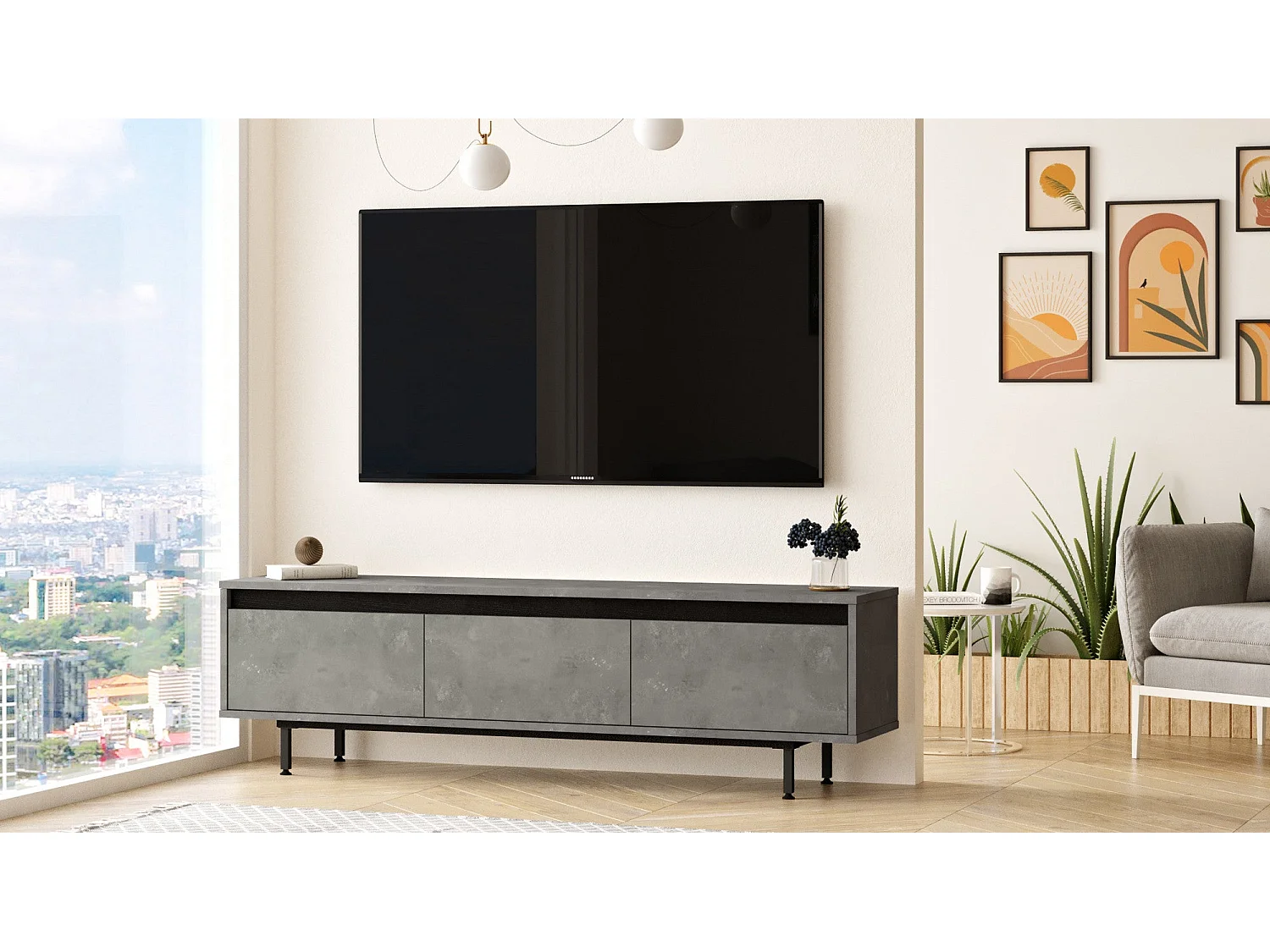 Estante para TV moderna – 160 cm – Prata e Preto – MDF 100% revestido de melamina