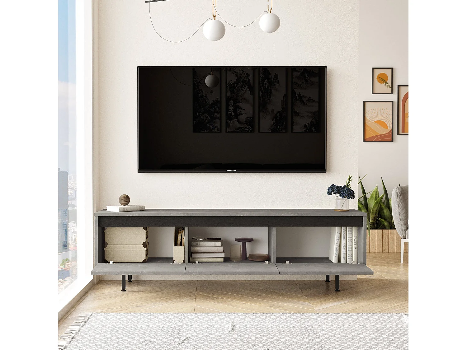 Estante para TV moderna – 160 cm – Prata e Preto – MDF 100% revestido de melamina