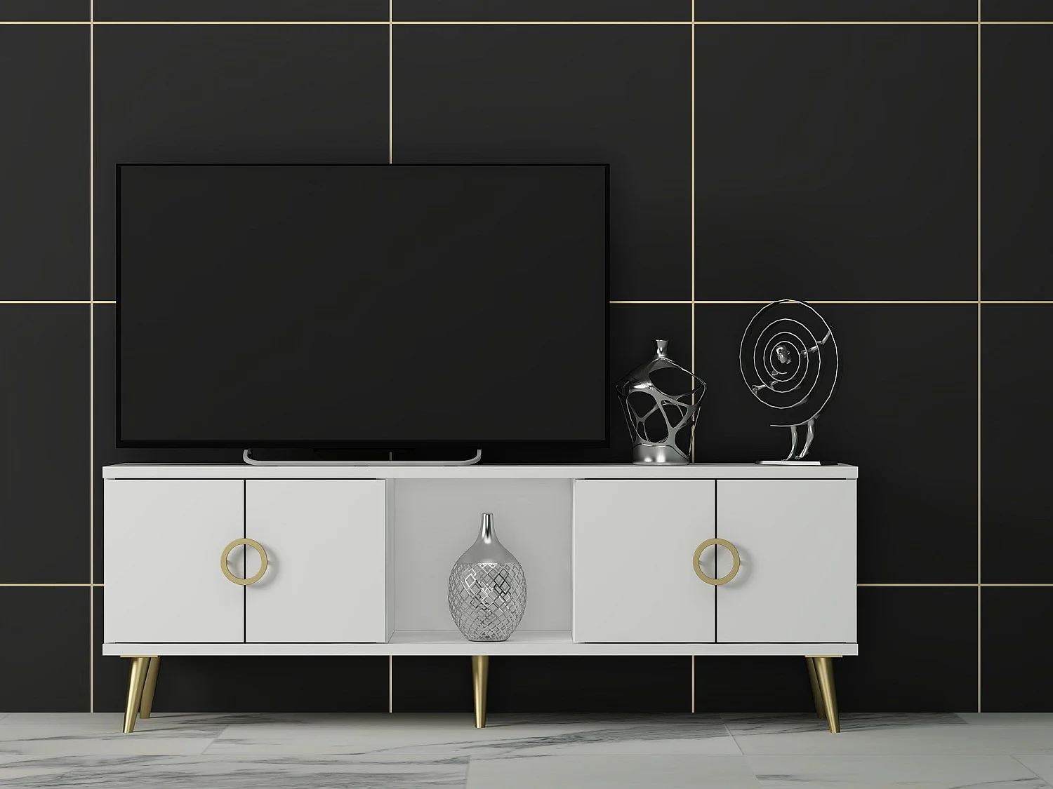 Mesa de tv Kailua 1961, Dorado|Blanco, 120x45x30cm