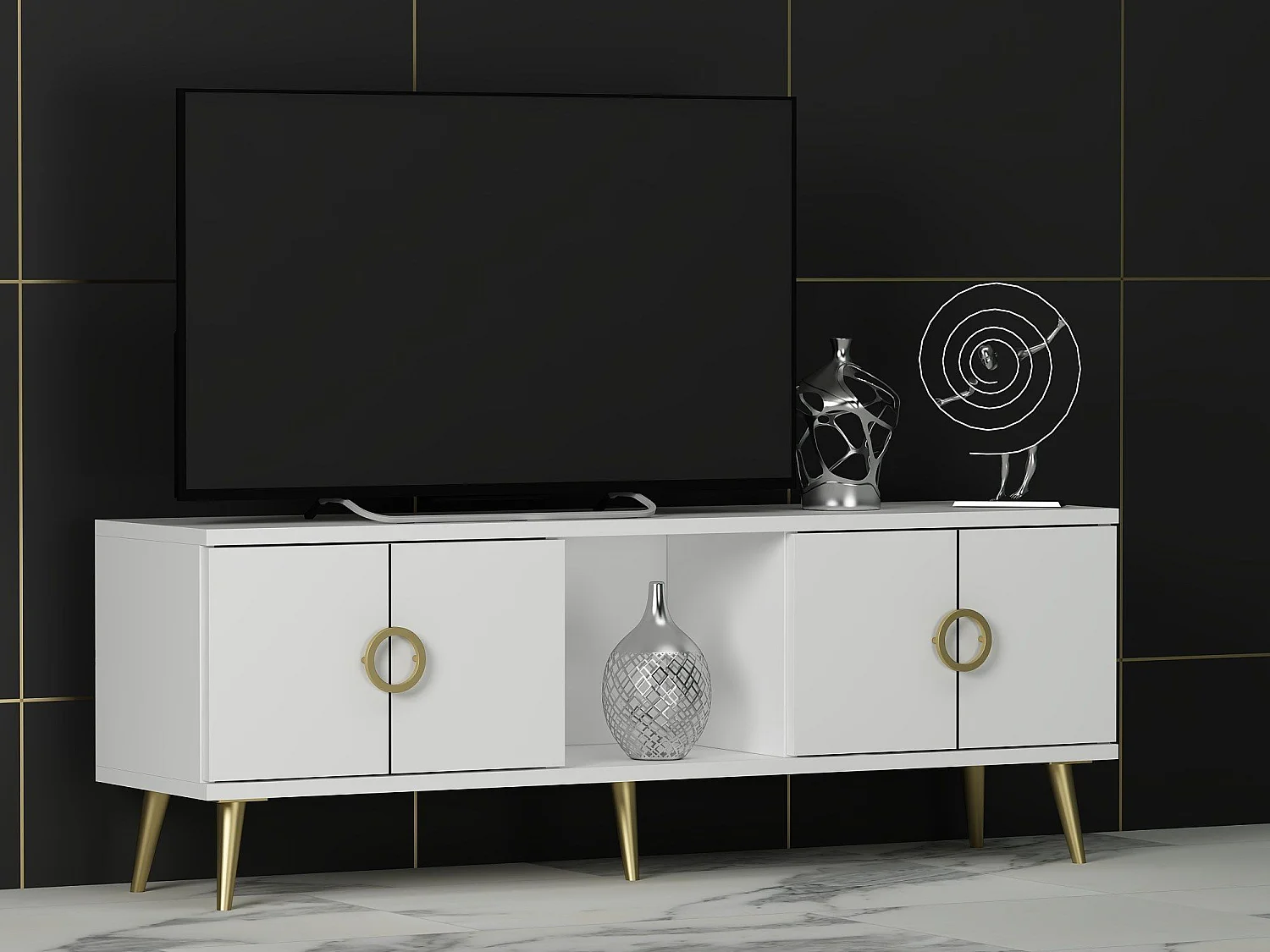 Mesa de tv Kailua 1961, Dorado|Blanco, 120x45x30cm