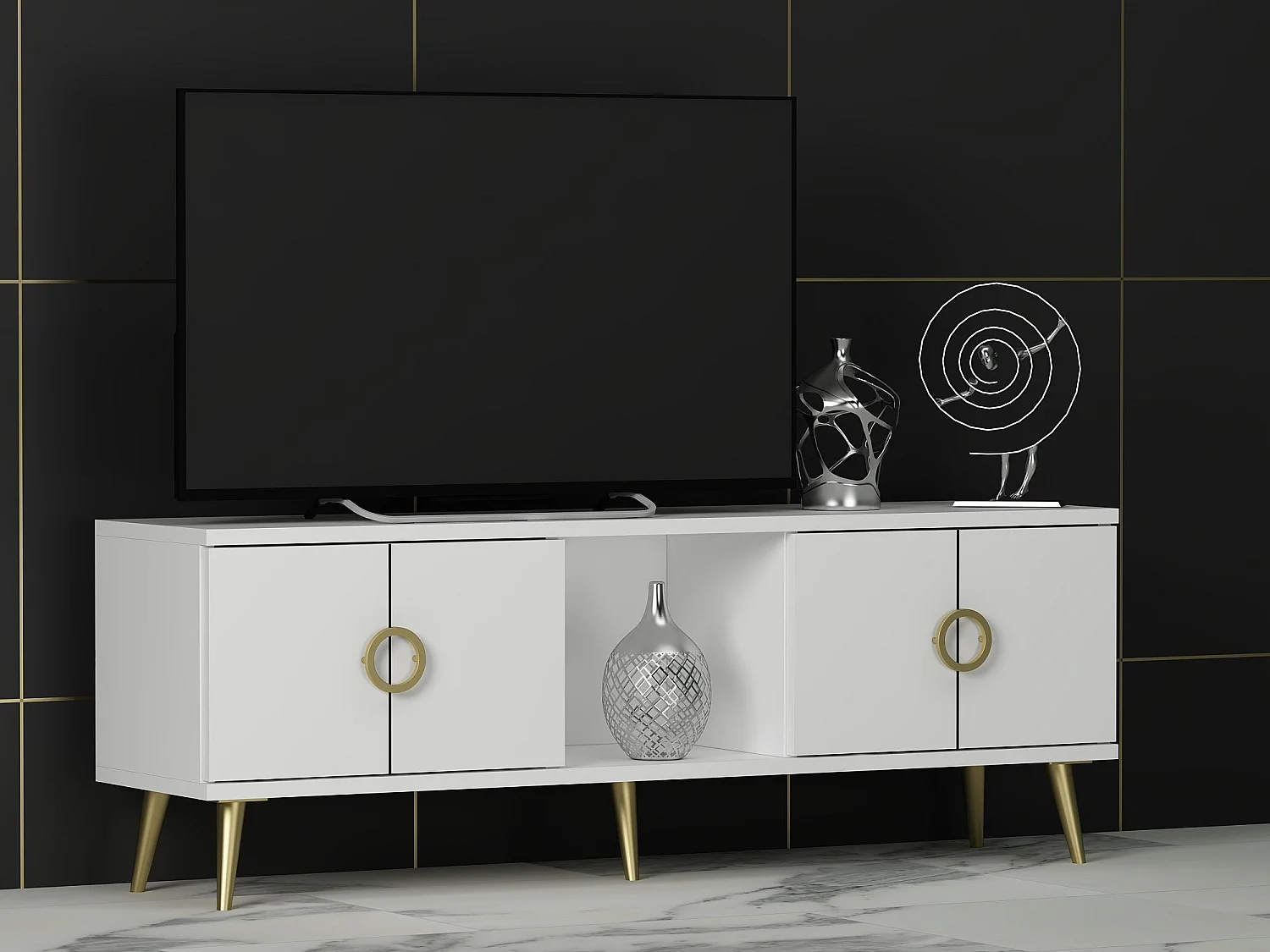 Mesa de tv Kailua 1961, Dorado|Blanco, 120x45x30cm