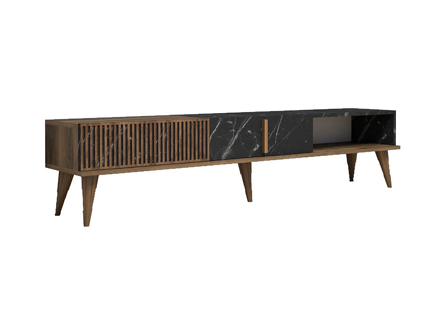 Meuble TV 2 portes et 1 étagères Ribera 180cm Bois foncé et Effet marbre Noir