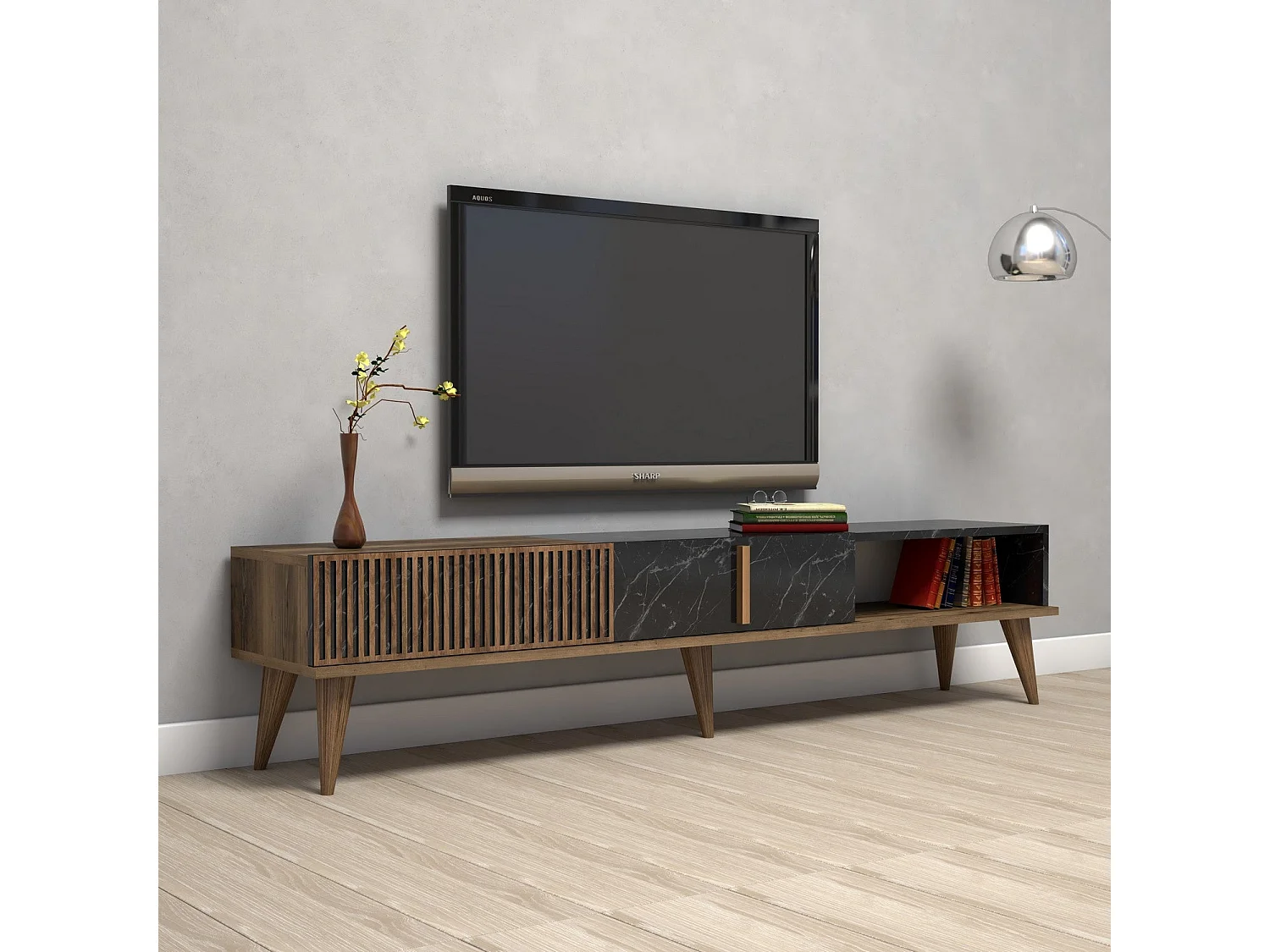 Moderner TV-Ständer - 180 x 40 x 35 cm - Walnuss und Schwarz - Melamin