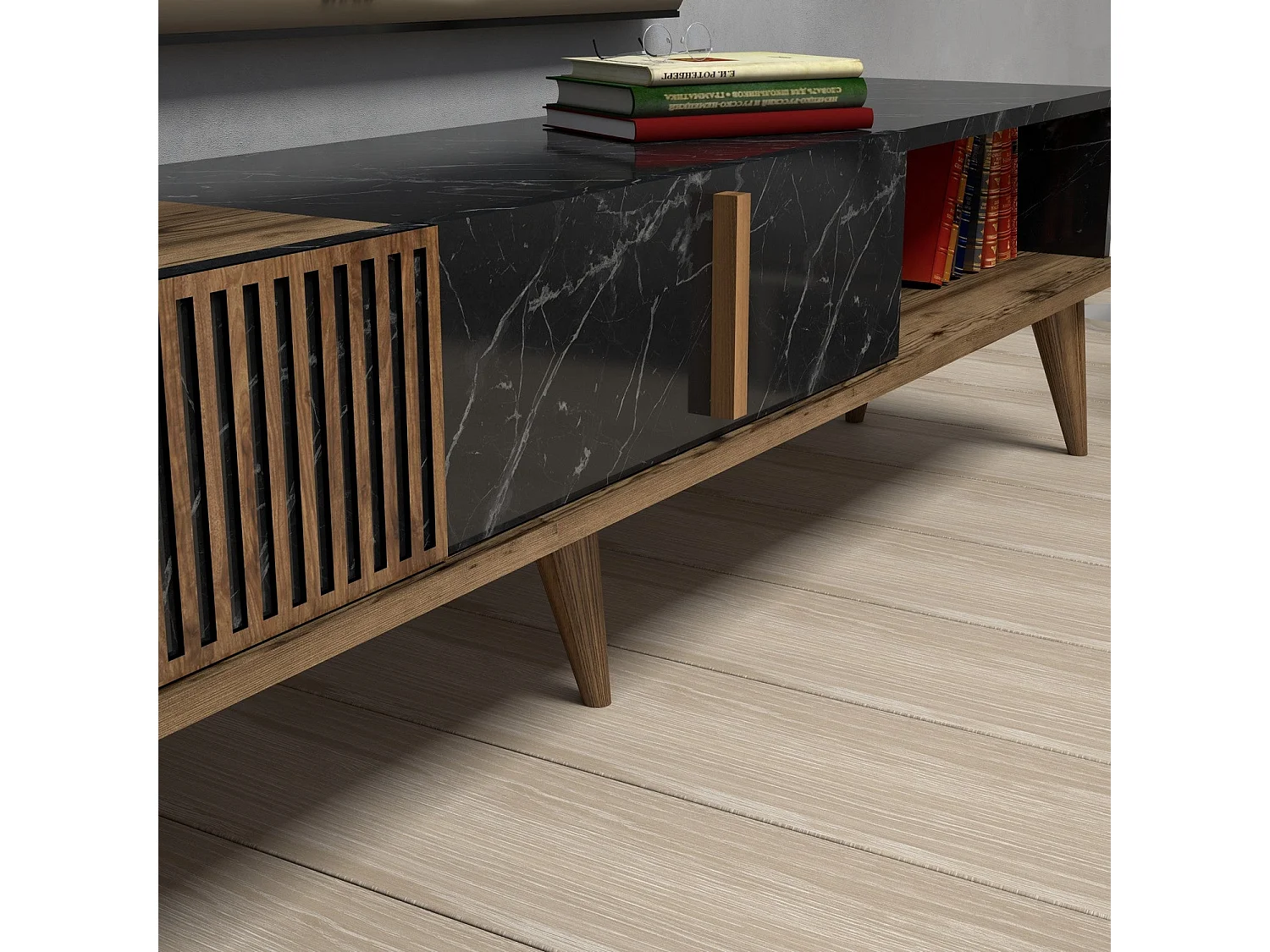 Moderner TV-Ständer - 180 x 40 x 35 cm - Walnuss und Schwarz - Melamin