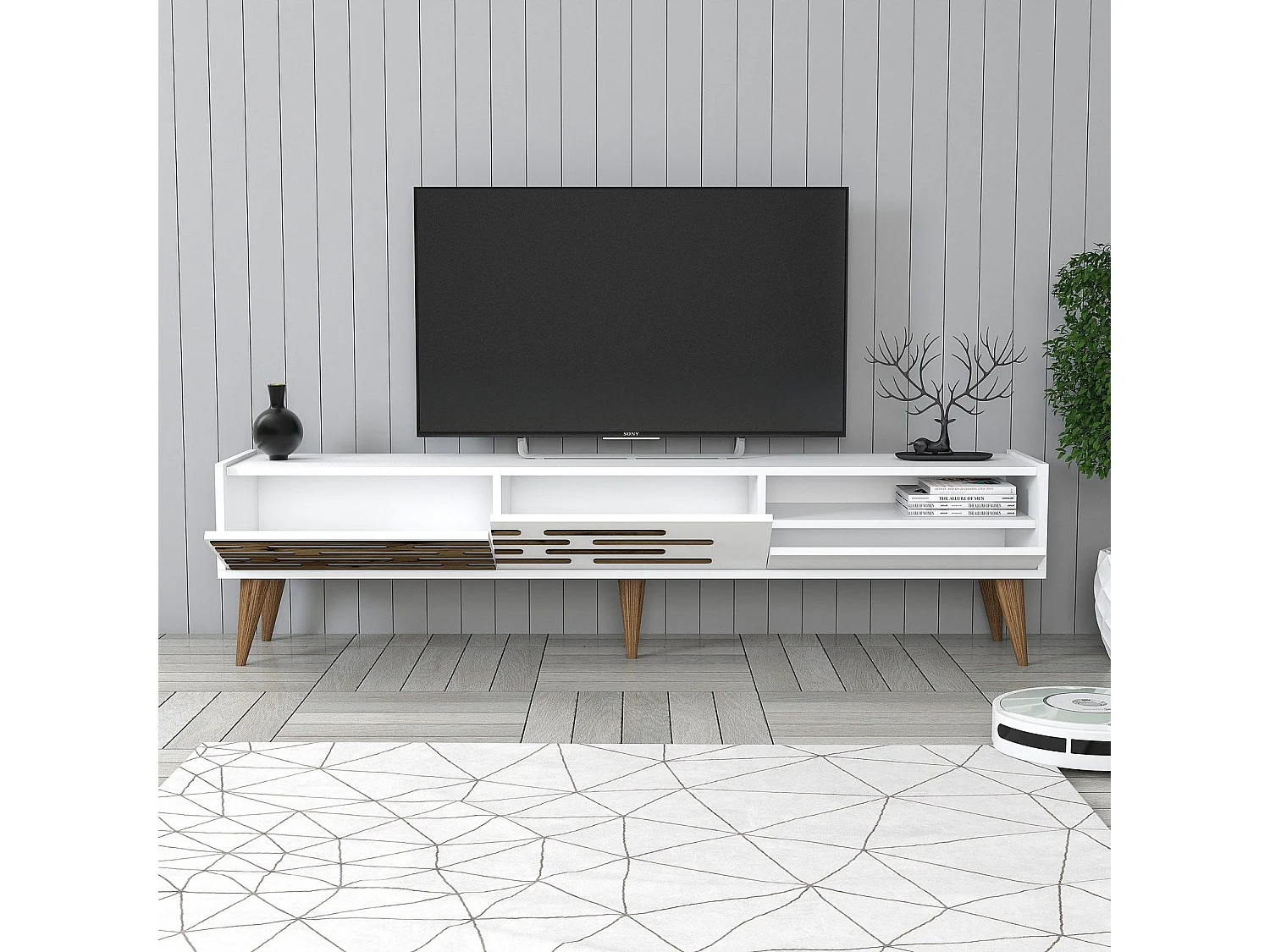 Móvel de TV elegante – 180 cm x 35 cm x 45 cm – Branco – Painel de partículas revestido em melamina