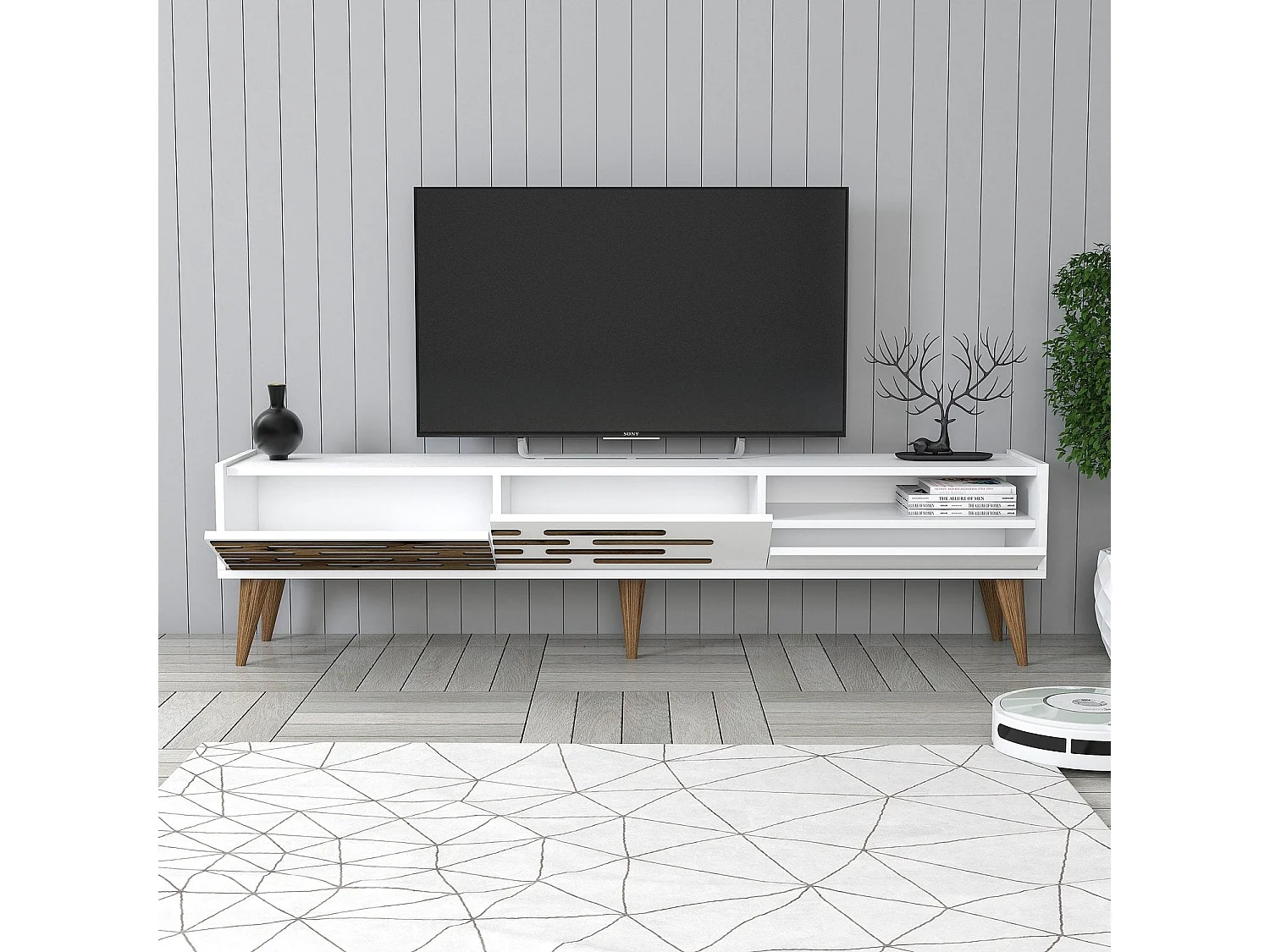 Móvel de TV elegante – 180 cm x 35 cm x 45 cm – Branco – Painel de partículas revestido em melamina