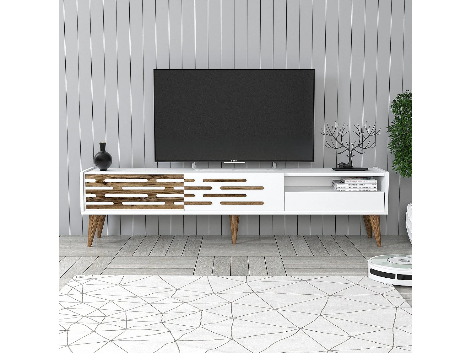 Eleganter TV-Ständer – 180 cm x 35 cm x 45 cm – Weiß – Melaminbeschichtete Spanplatte