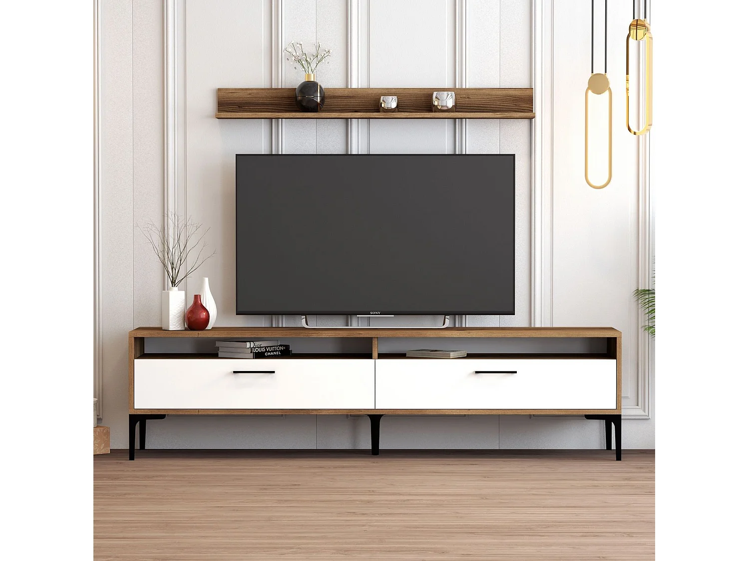 Mueble de TV moderno – 180 cm – nogal y blanco – melamina