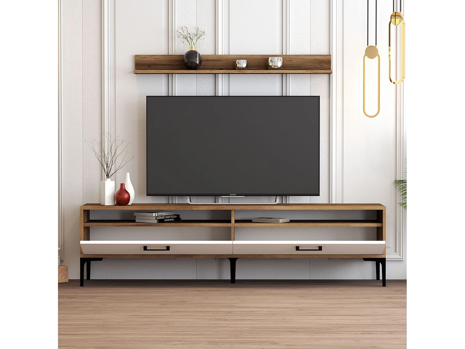 Mueble de TV moderno – 180 cm – nogal y blanco – melamina