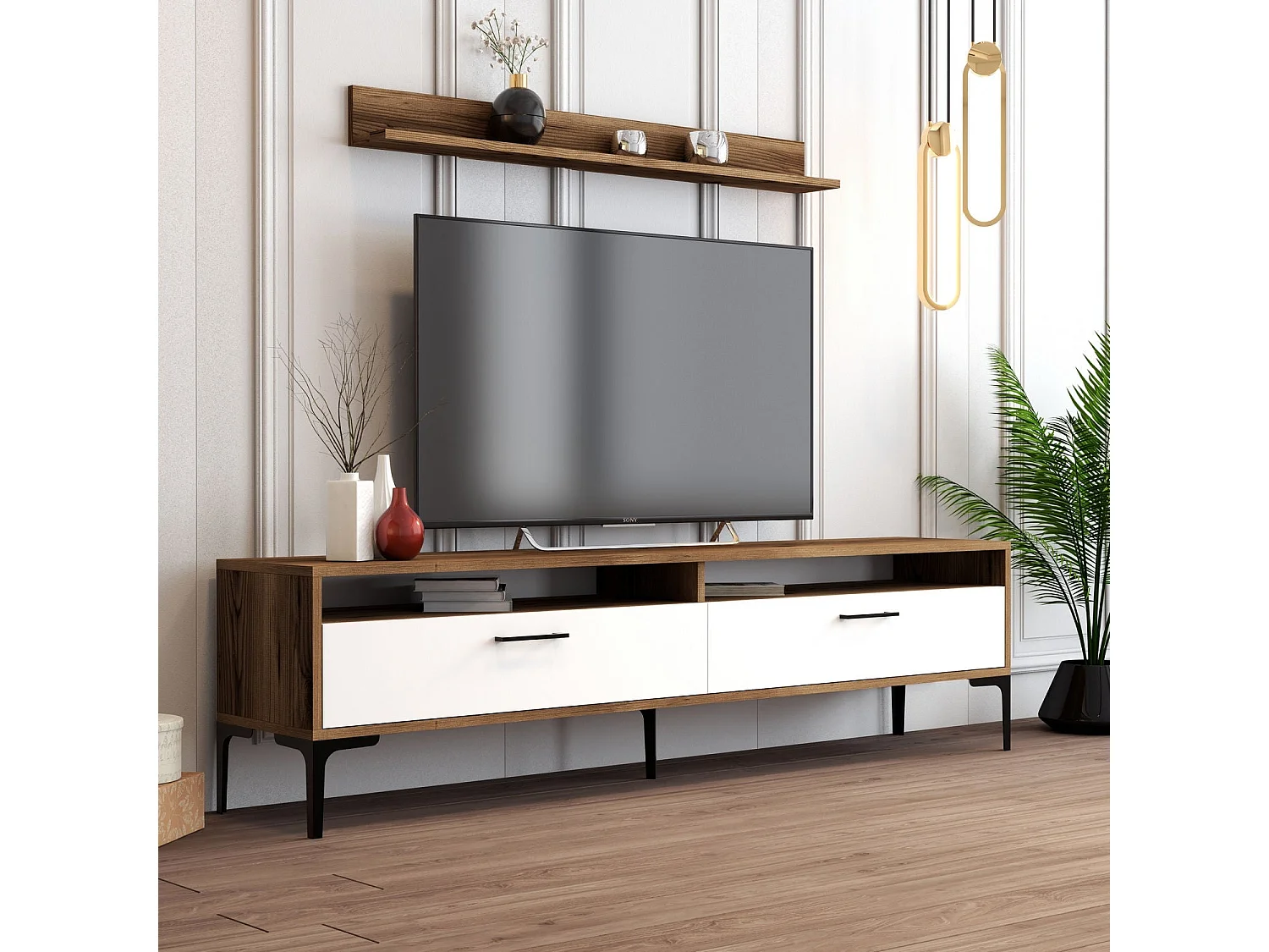 Mueble de TV moderno – 180 cm – nogal y blanco – melamina