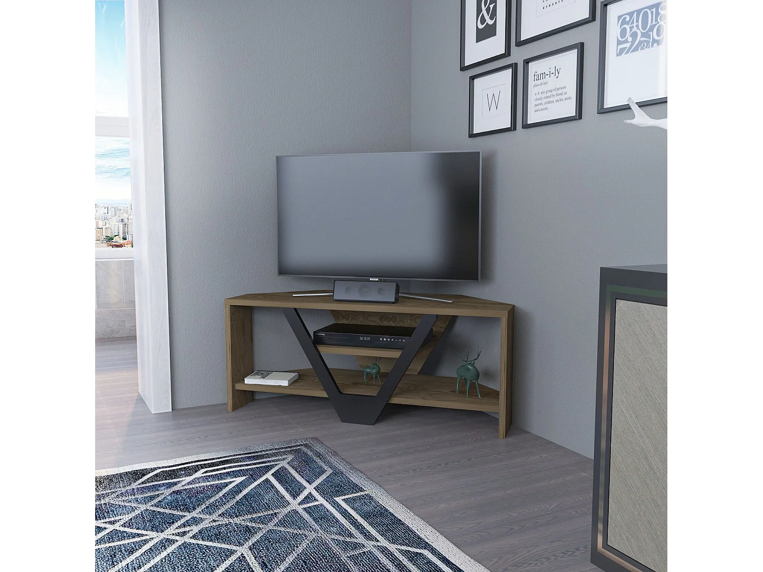 Meuble TV Norah 90cm Noir et Bois antique