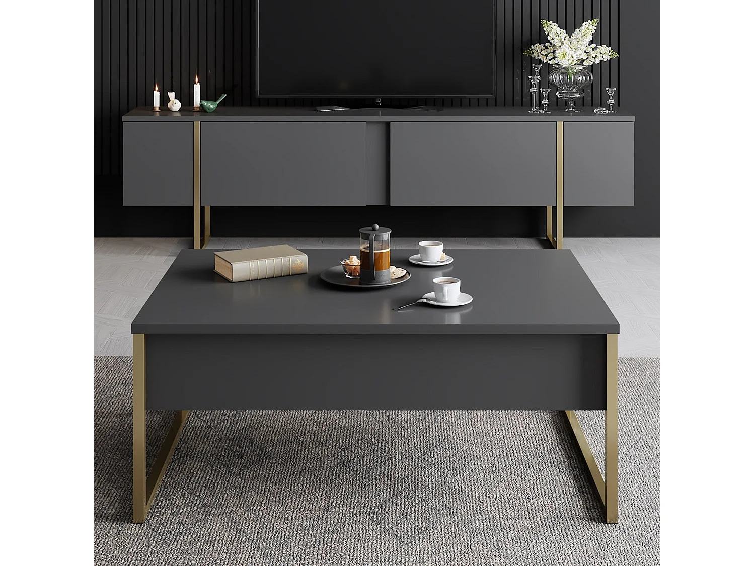 TV-meubel – 180 x 30 x 50 cm – antraciet en goud – spaanplaat