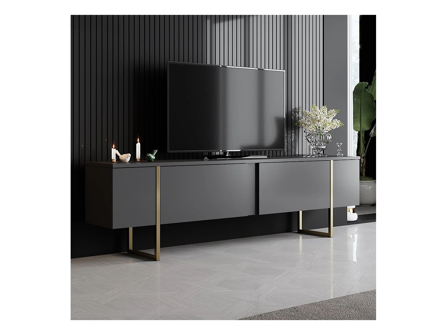 Meuble TV design 2 portes basculantes Sibylle L180xH50cm Métal Or et Bois Anthracite
